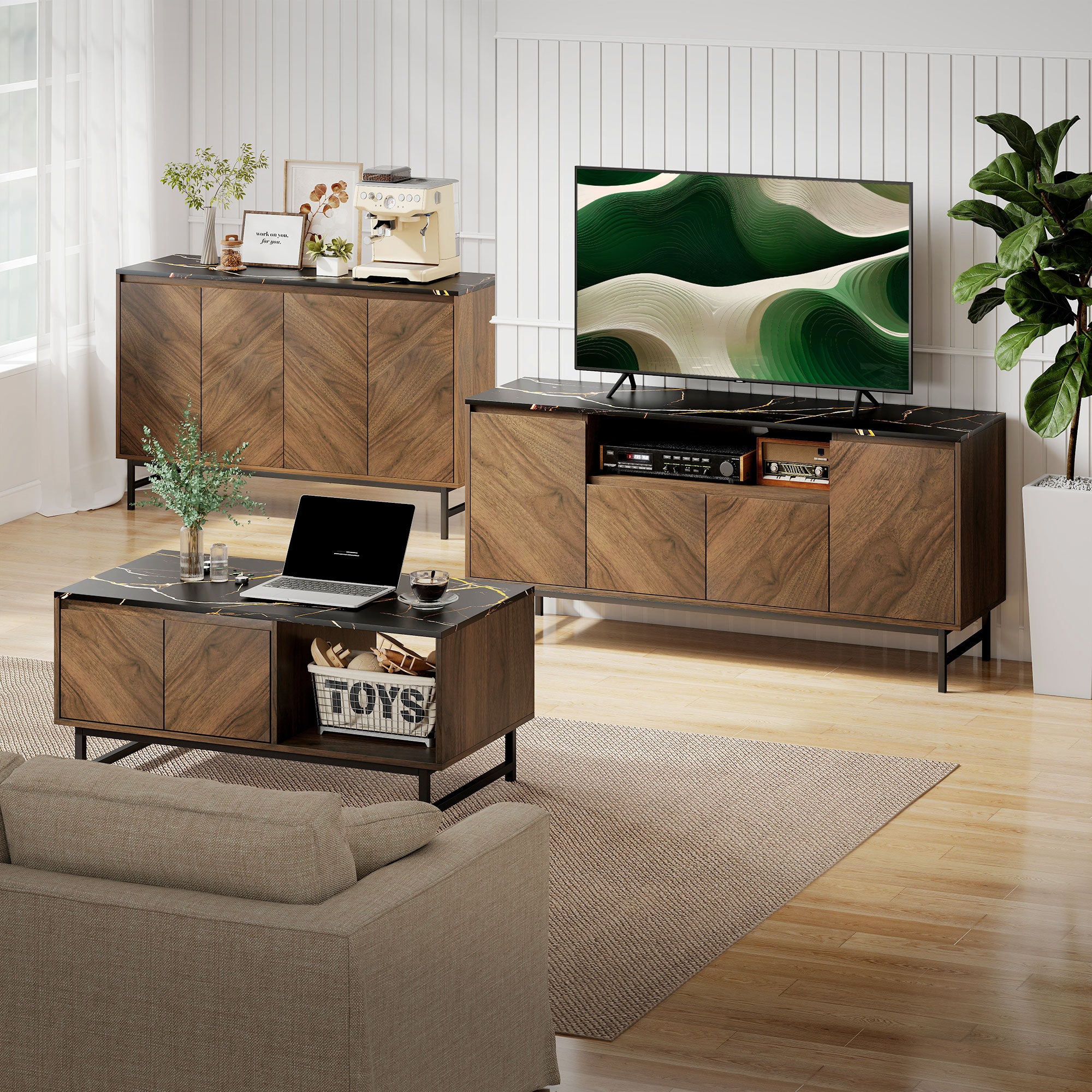 Meuble TV jusqu'à 65 pouces meuble télé bois avec compartiment ouvert, portes, étagères réglables et passe-câbles, banc TV moderne effet marbre pour salon chambre à coucher, 140x39x66cm, noyer