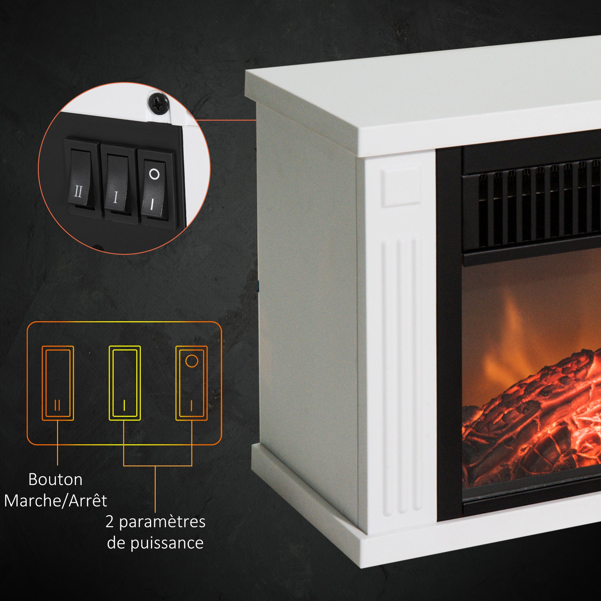 Cheminée électrique poêle Style Contemporain Thermostat 600-1200 W Blanc