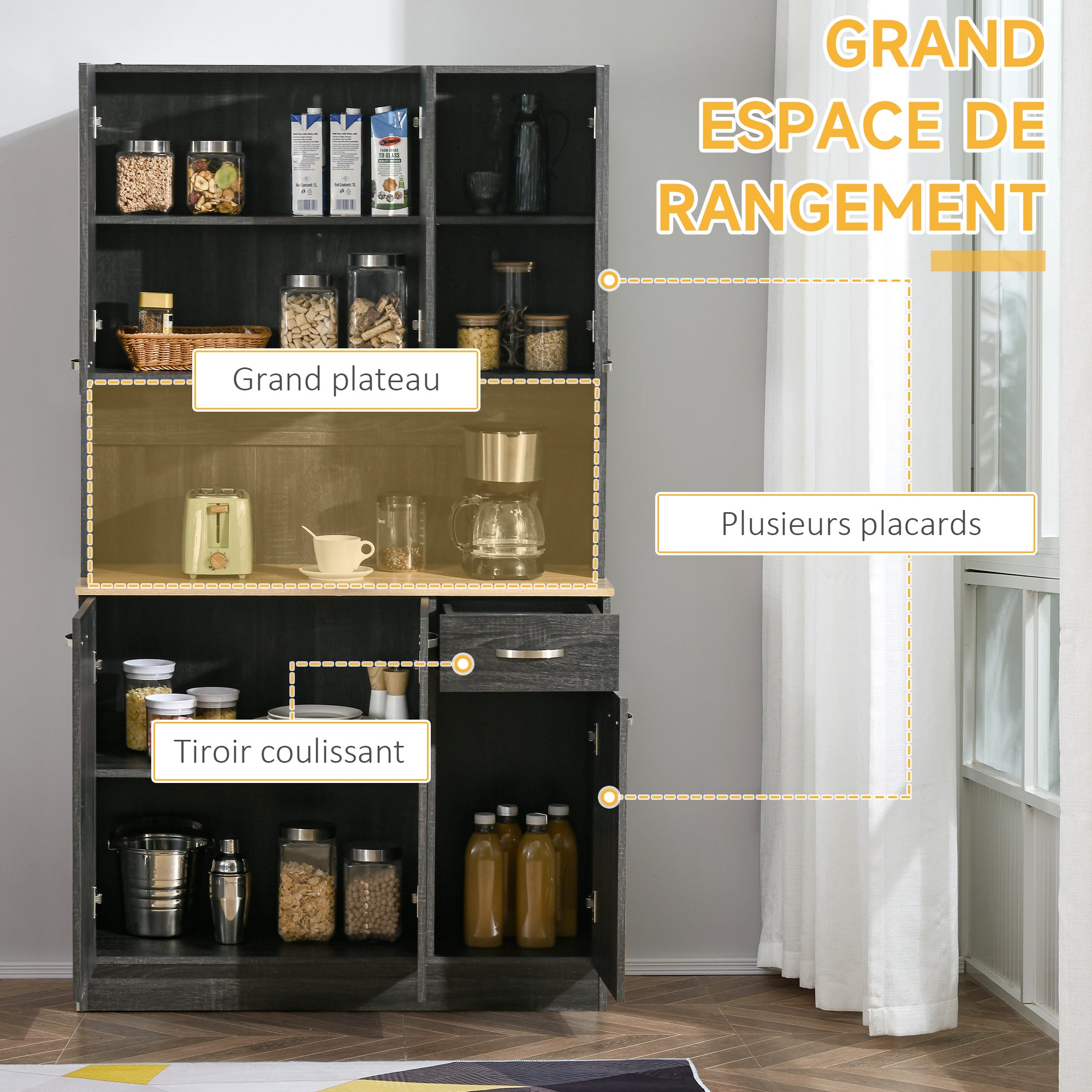 Buffet de cuisine armoire de cuisine contemporaine multi-rangements 6 portes 1 tiroir + grand plateau dim. 101L x 39l x 180H cm en bois noir
