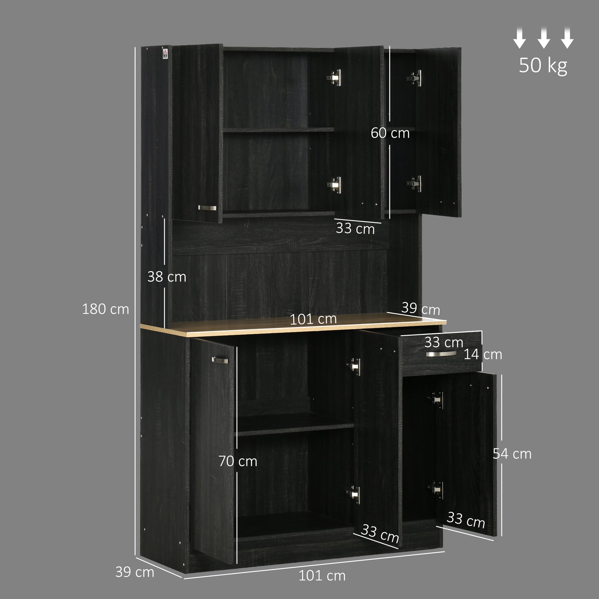 Buffet de cuisine armoire de cuisine contemporaine multi-rangements 6 portes 1 tiroir + grand plateau dim. 101L x 39l x 180H cm en bois noir