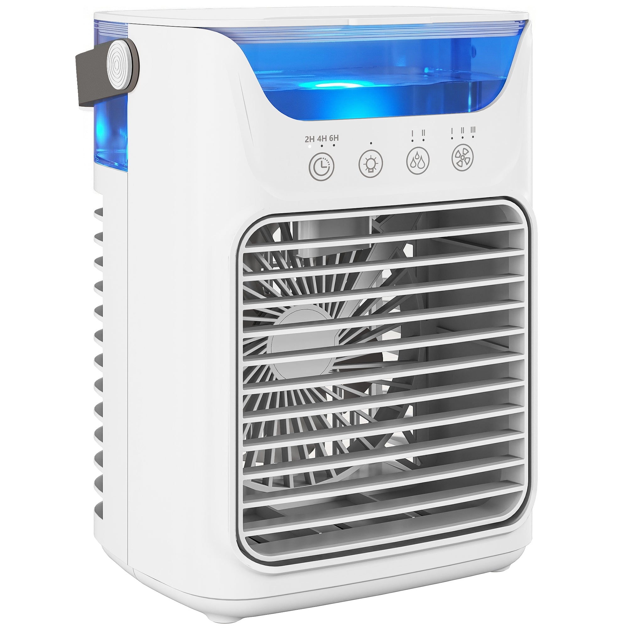 Ventilateur de table avec lumière RGB, ventilateur de bureau avec tête orientable, 3 vitesses, réservoir d'eau de 700 ml, pour chambre, dortoir et bureau, blanc