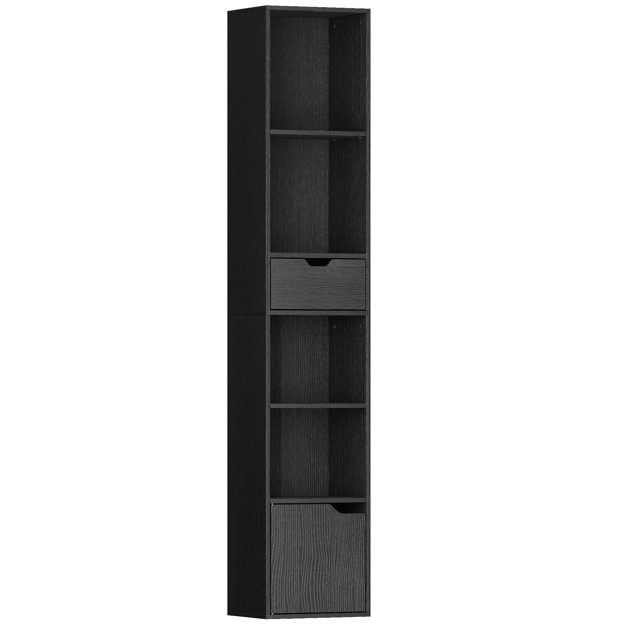 Bibliothèque Étagère à 6 Niveaux, Bibliothèque verticale gain de place avec armoire, étagère réglable et tiroir, pour salon chambre bureau studio, 30x24x158 cm, Noir