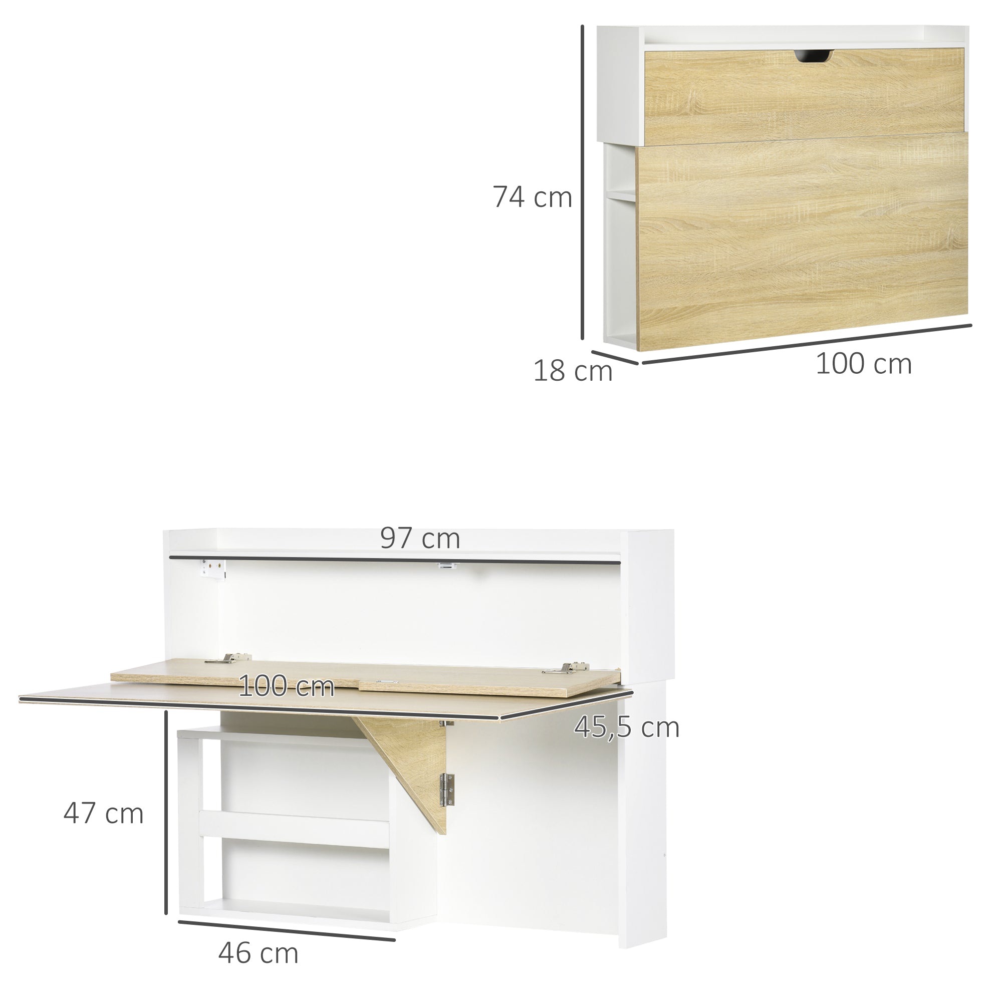 Bureau pliable mural avec étagères de rangement et placard, bureau rabattable, table murale pliante, gain de place idéal pour salon, salle à manger, petit espace, effet bois naturel