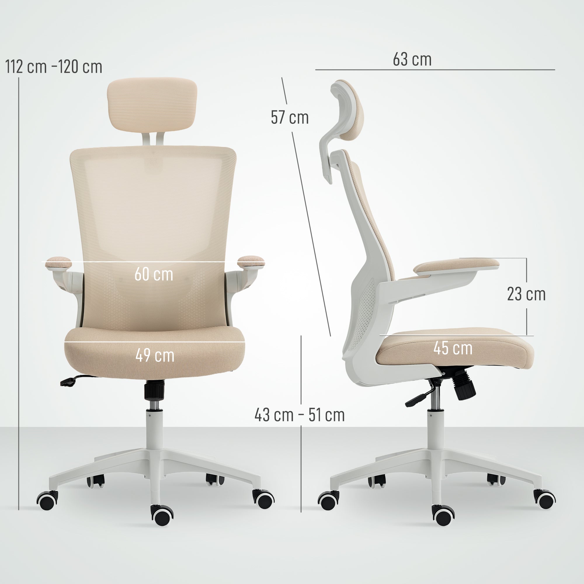 Chaise bureau ergonomique, fauteuil de bureau avec hauteur réglable, soutien lombaire, appui-tête, accoudoirs relevables, fonction bascule, pivotant à 360° et roulettes, beige
