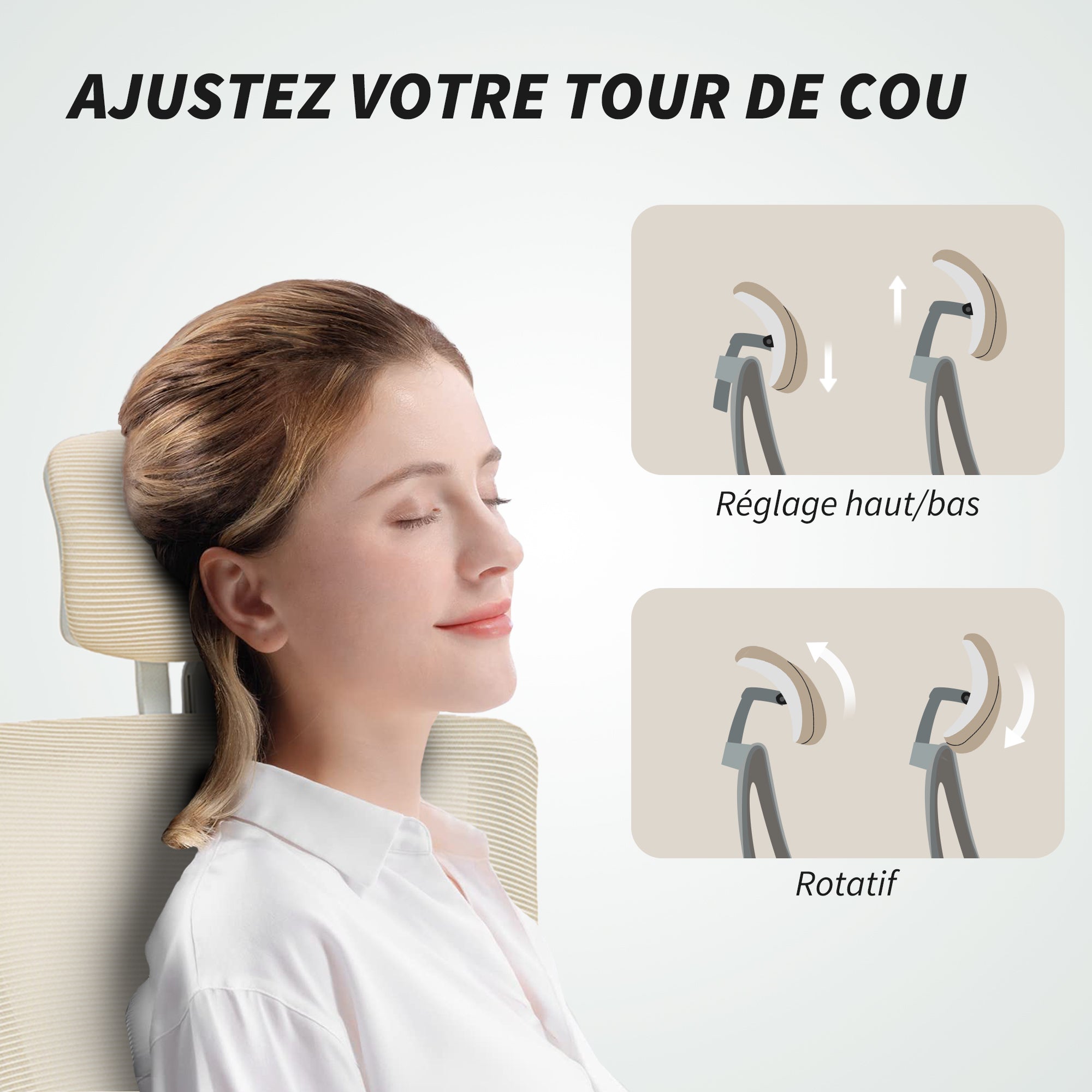 Chaise bureau ergonomique, fauteuil de bureau avec hauteur réglable, soutien lombaire, appui-tête, accoudoirs relevables, fonction bascule, pivotant à 360° et roulettes, beige