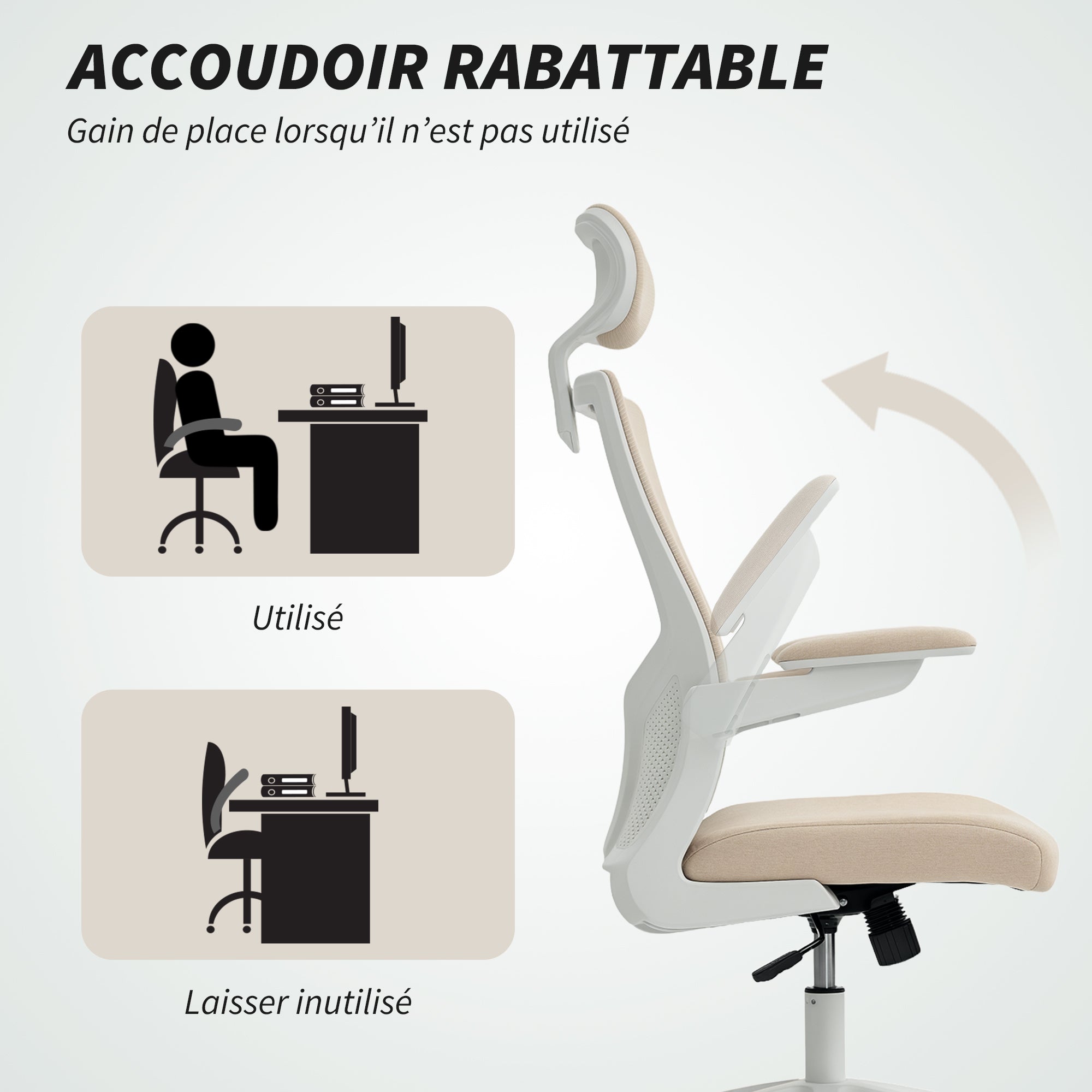Chaise bureau ergonomique, fauteuil de bureau avec hauteur réglable, soutien lombaire, appui-tête, accoudoirs relevables, fonction bascule, pivotant à 360° et roulettes, beige