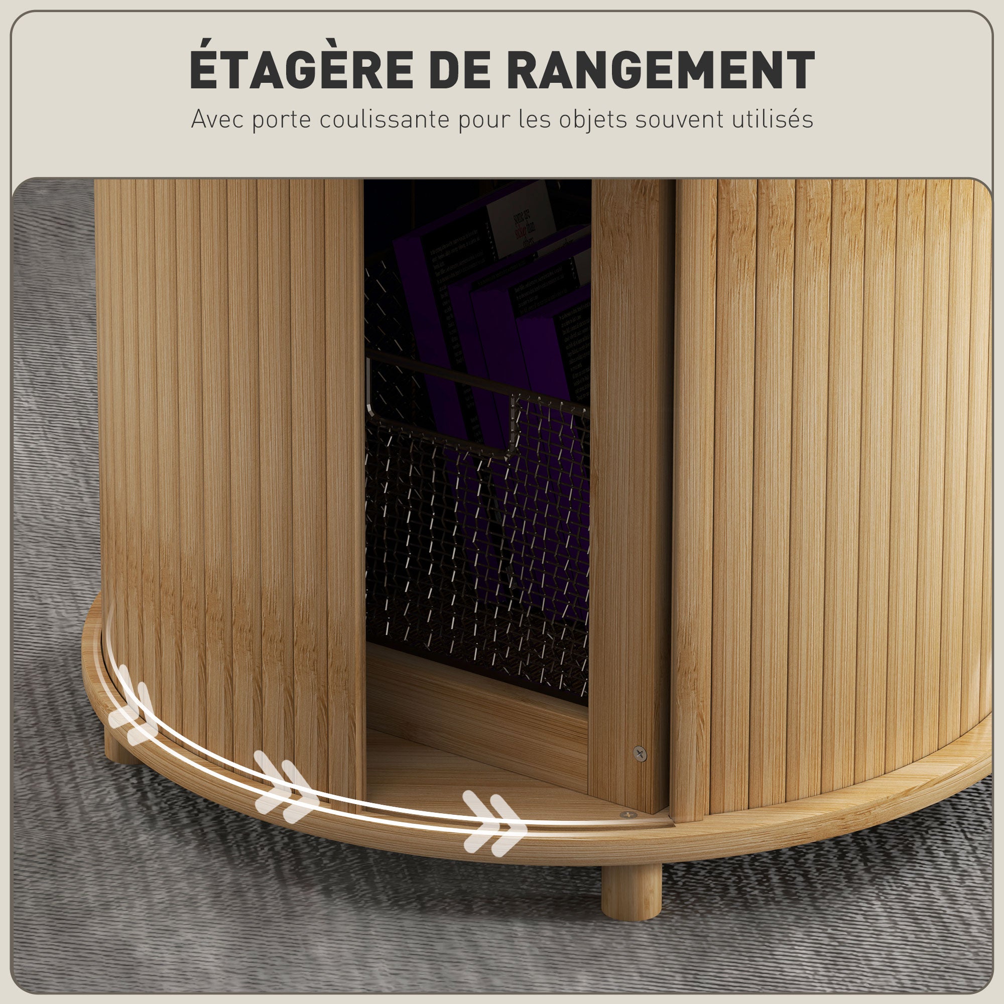 Table basse ronde table de salon table d'appoint en bambou avec rangement caché et porte coulissante, table basse salon et bureau à domicile, dim. Ø 60 x 45H cm, bois naturel