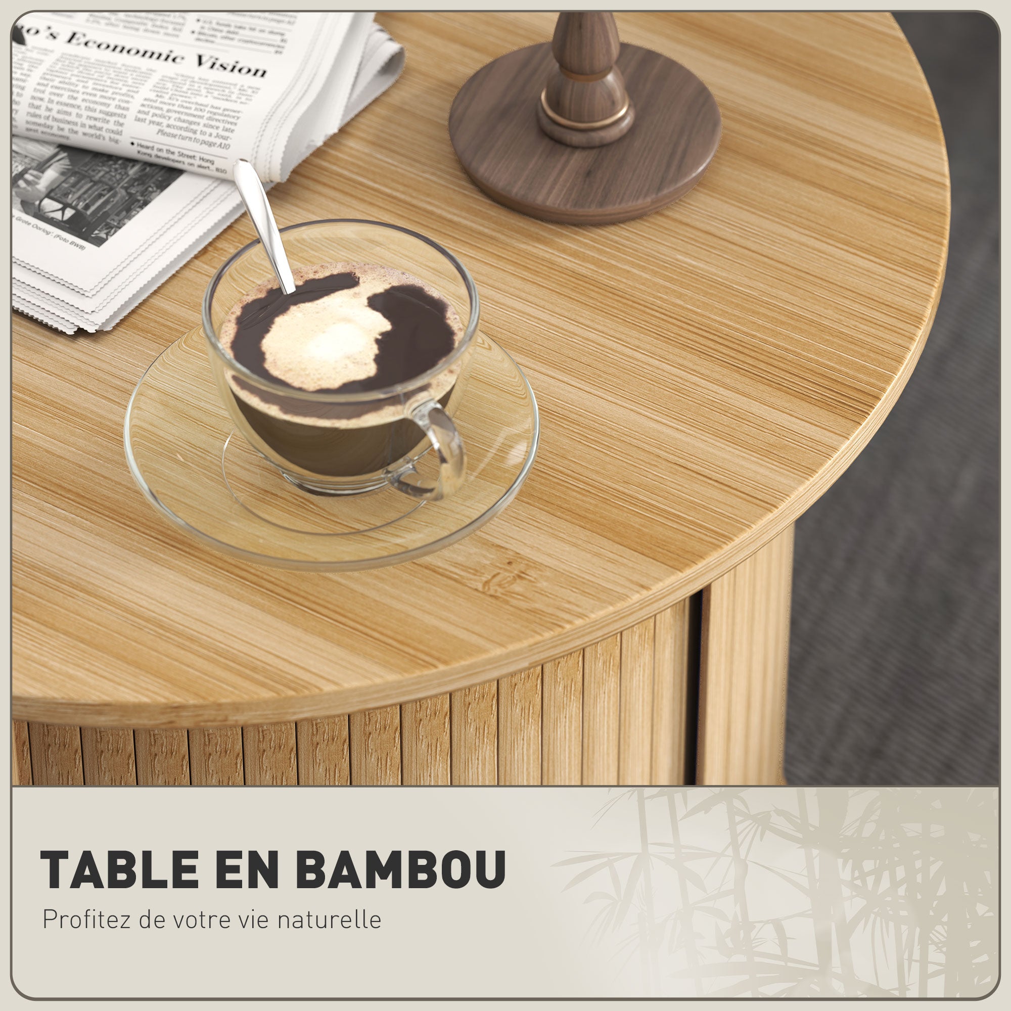 Table basse ronde table de salon table d'appoint en bambou avec rangement caché et porte coulissante, table basse salon et bureau à domicile, dim. Ø 60 x 45H cm, bois naturel