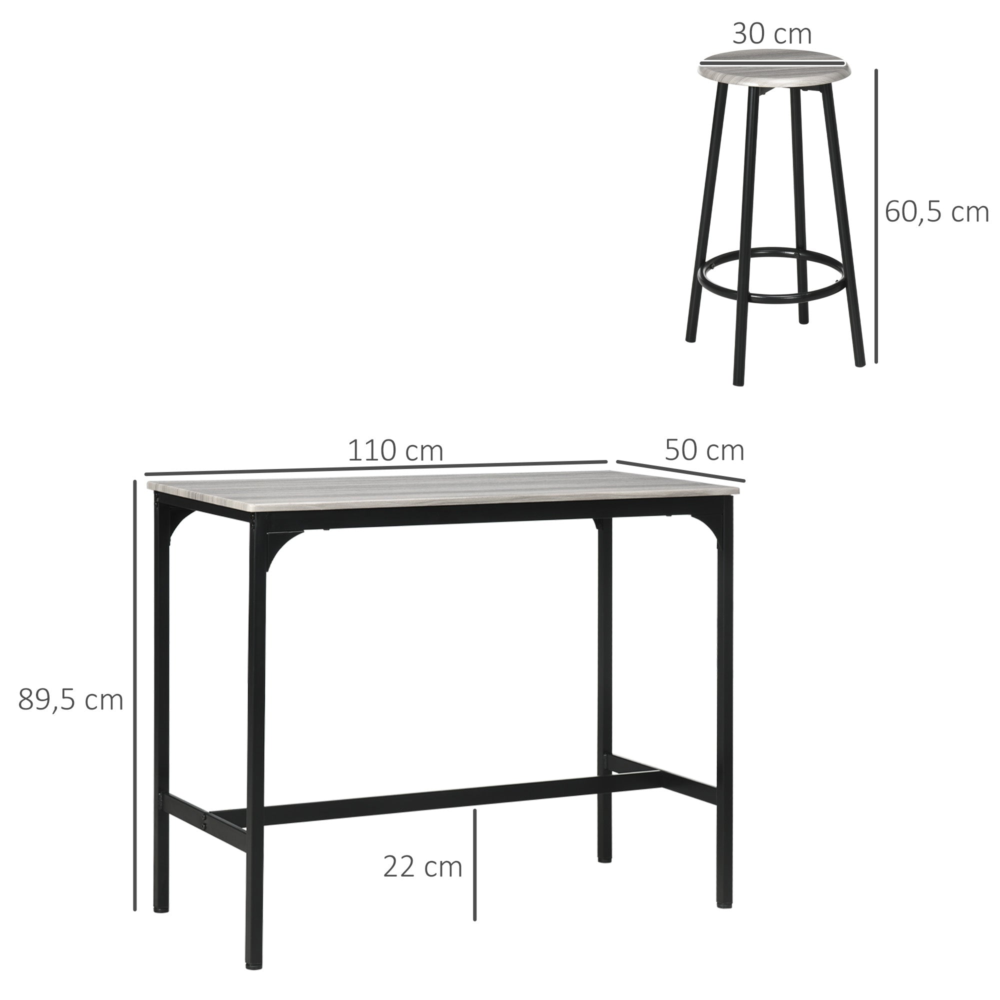 Ensemble table de bar bistrot avec 4 tabourets de bar, ensemble table haute cuisine et tabourets, avec repose-pieds, style moderne, structutre en métal, pour cuisine, salle à manger, gris