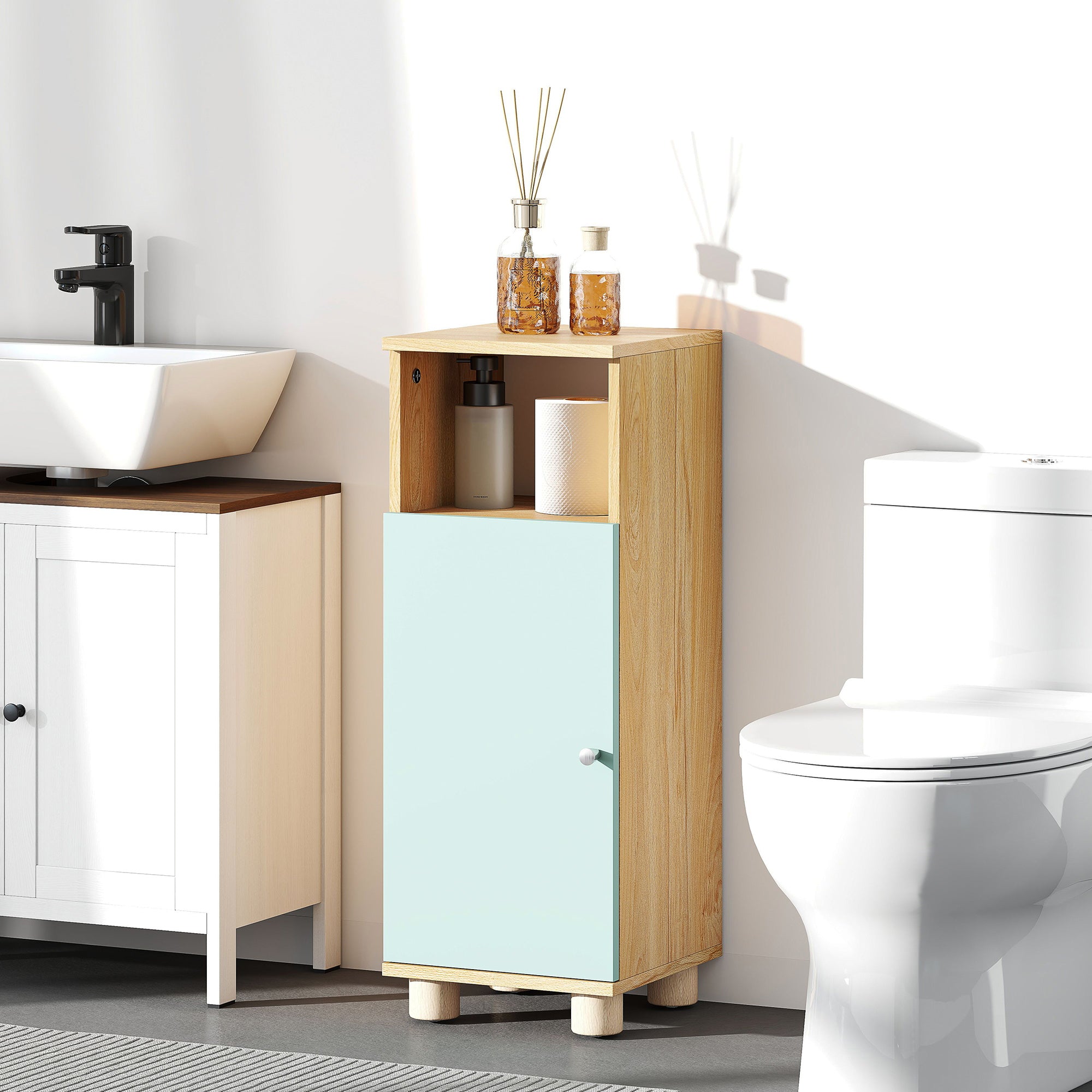 Meuble de salle de bain, meuble de rangement étroit avec placard à porte et compartiment ouvert, armoire salle de bain, salon, chambre, petits espaces, 30x30x80cm, vert