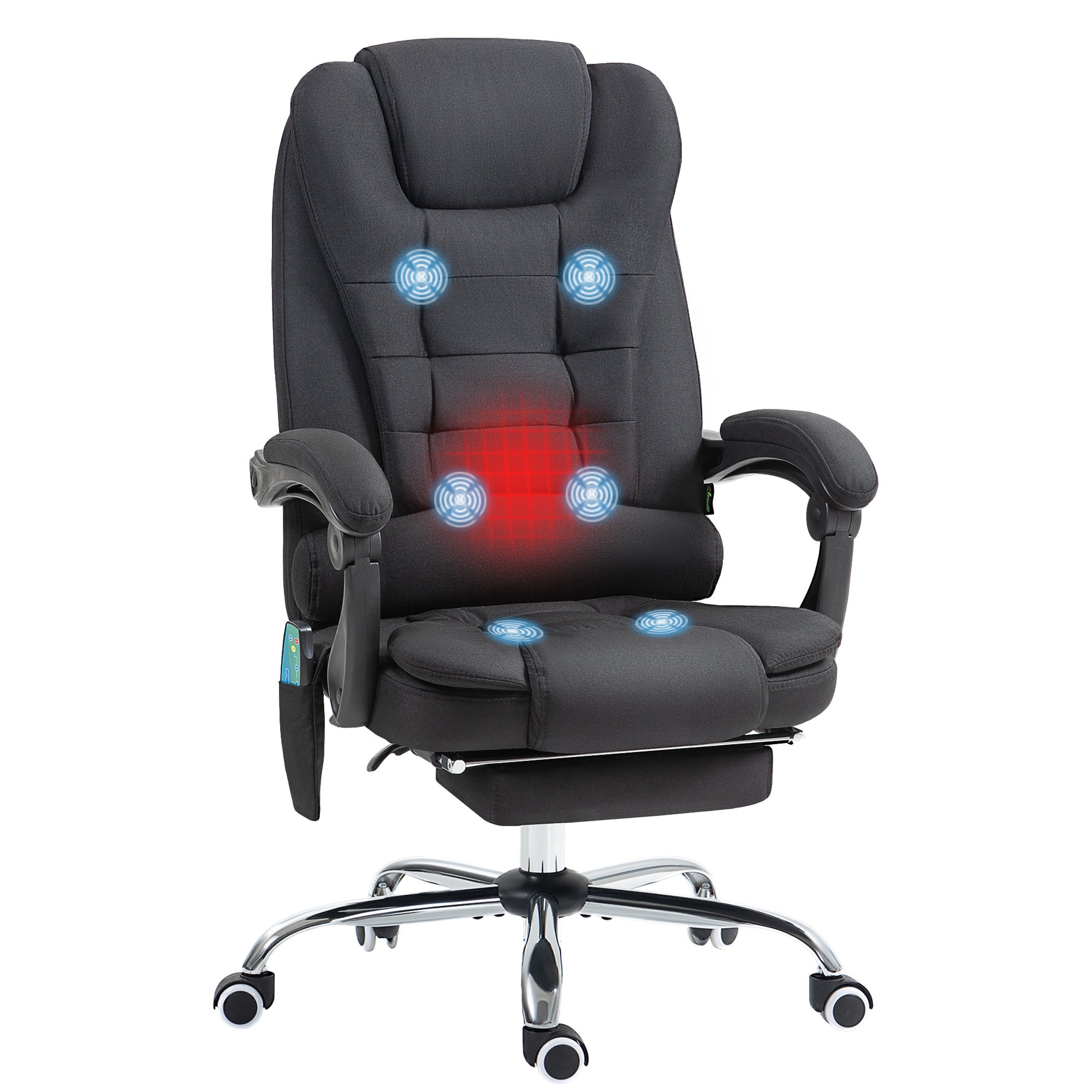 Fauteuil de bureau massant et chauffant, chaise de bureau, chaise ergonomique avec hauteur réglable, dossier inclinable et télécommande filaire, pivotant à 360°, en toile de lin, noir