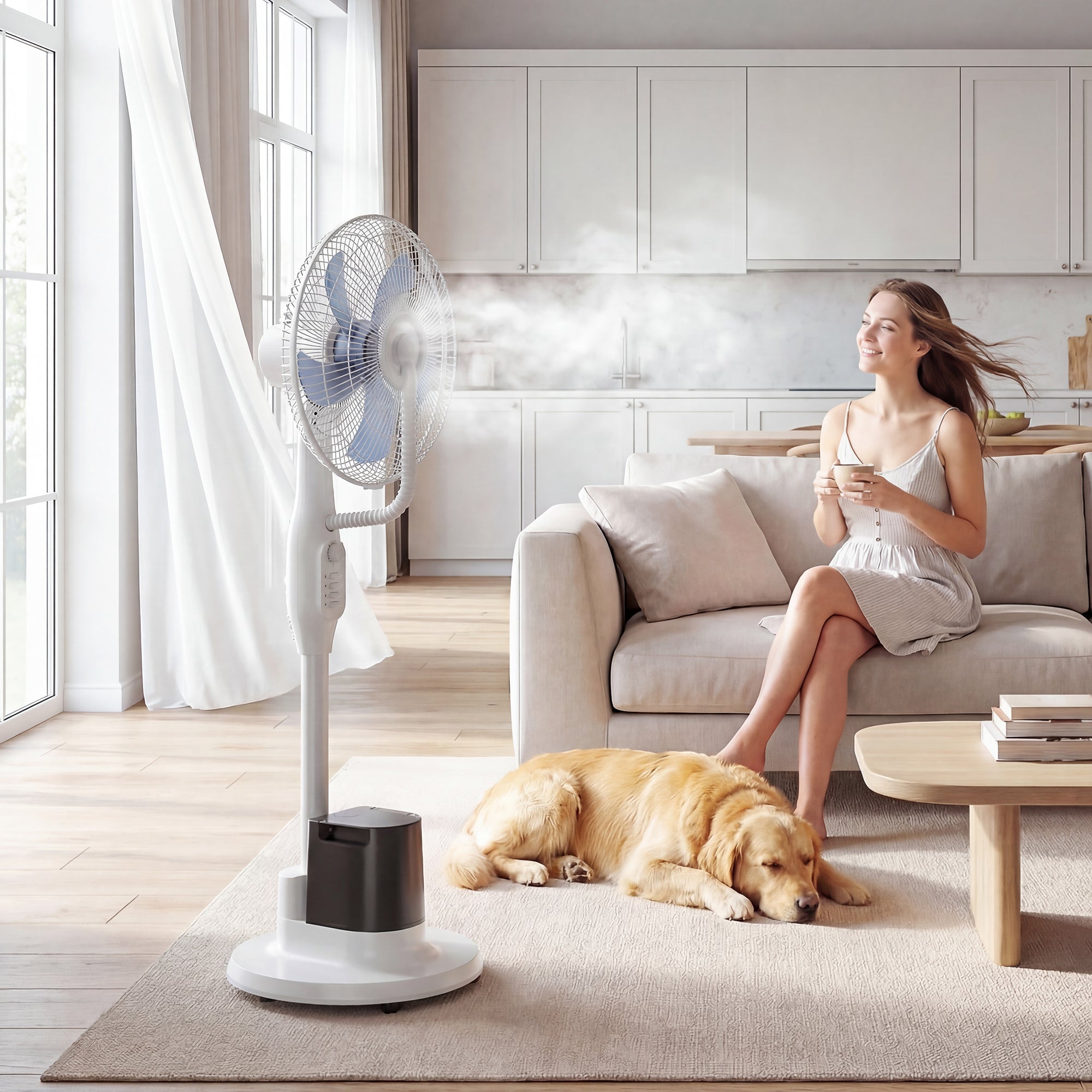 Ventilateur brumisateur 90W, ventilateur sur pied 128cm avec oscillation à 70°, 3 vitesses, réservoir d'eau 3,5 L, 5 roues, pour maison, bureau, blanc