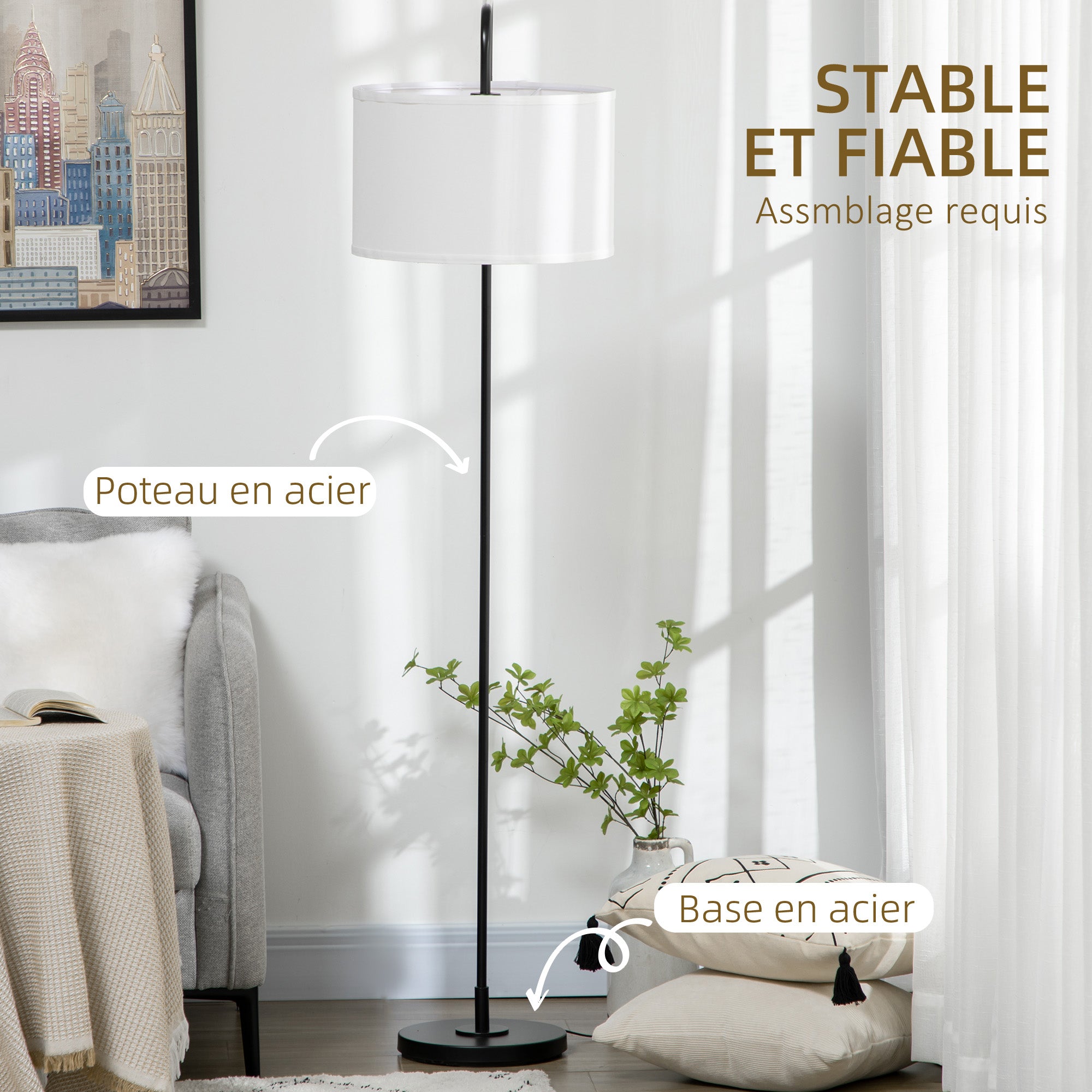 Lampadaire sur pied salon, lampe salon avec abat-jour en tissu effet lin, interrupteur à pied, lampe de lecture en métal, pour salon, chambre, bureau, noir et blanc