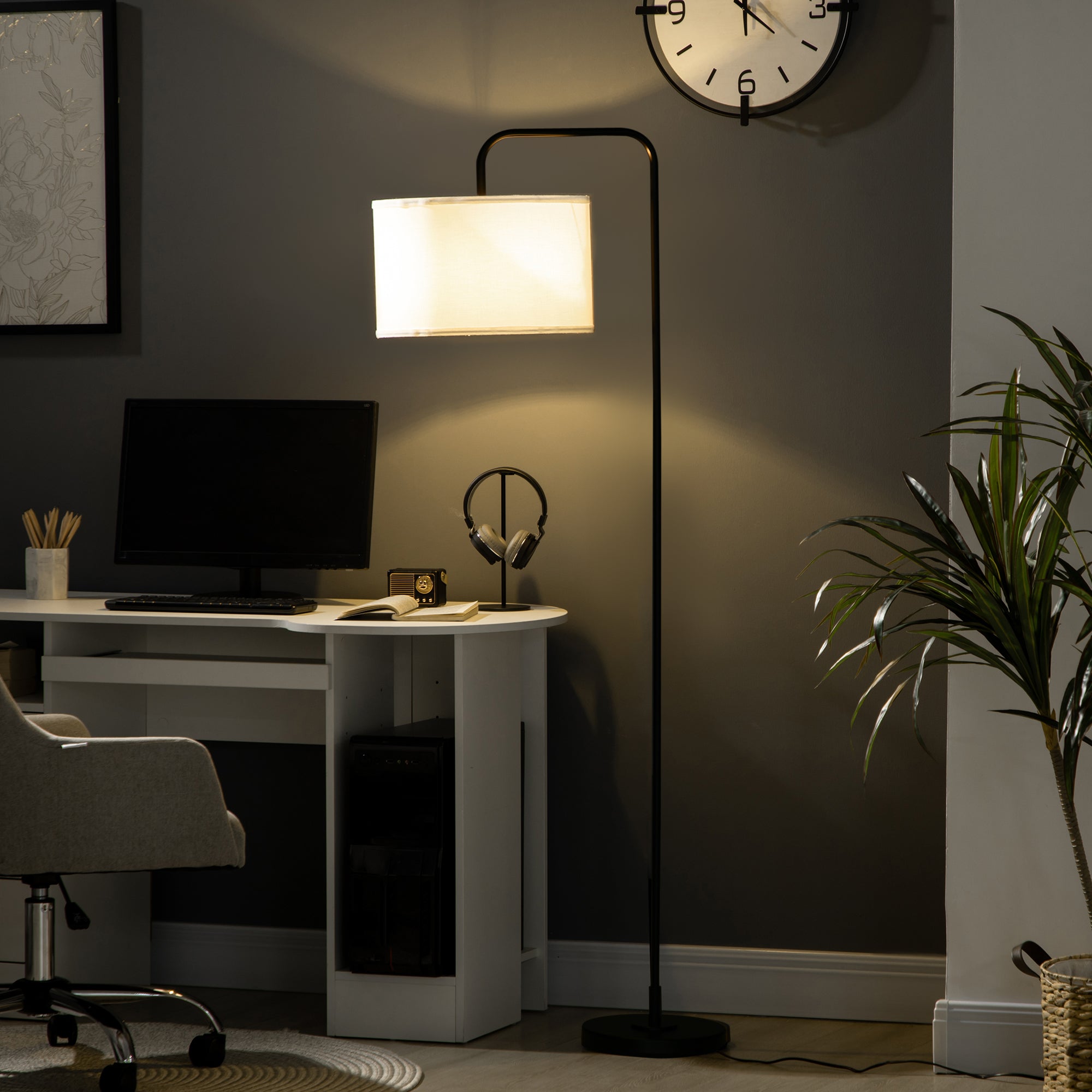 Lampadaire sur pied salon, lampe salon avec abat-jour en tissu effet lin, interrupteur à pied, lampe de lecture en métal, pour salon, chambre, bureau, noir et blanc