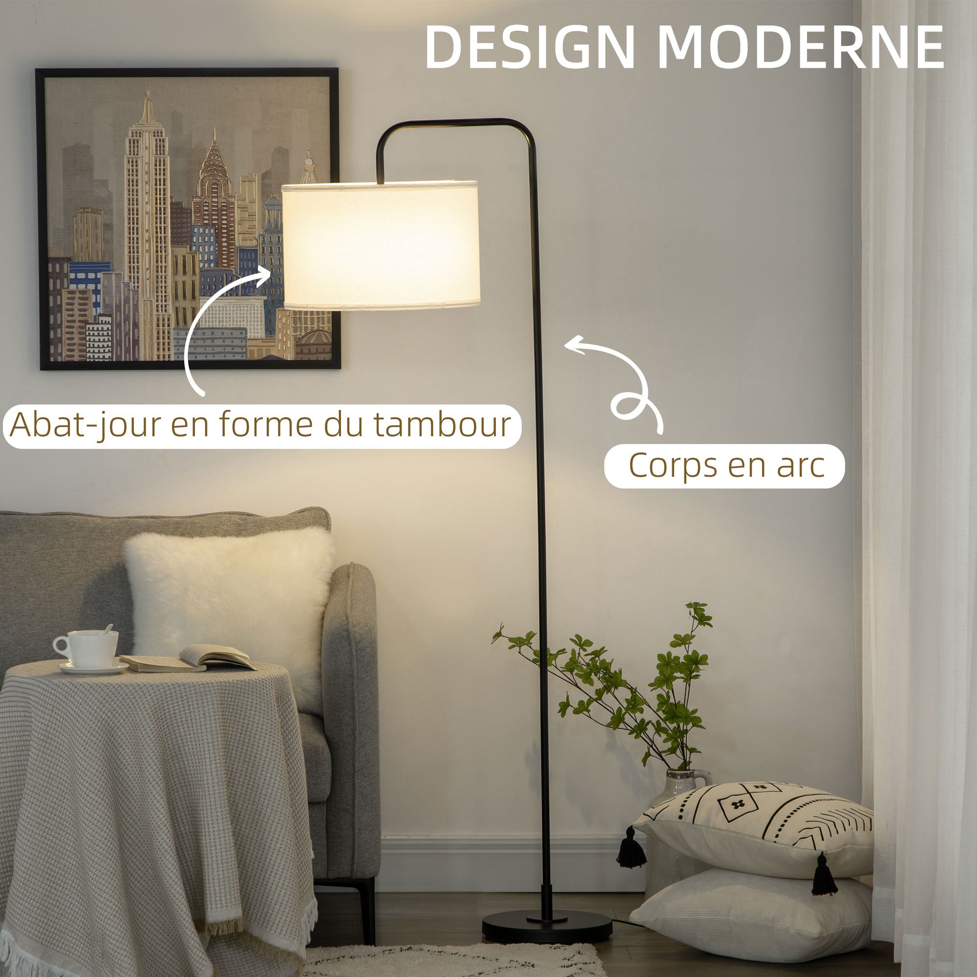 Lampadaire sur pied salon, lampe salon avec abat-jour en tissu effet lin, interrupteur à pied, lampe de lecture en métal, pour salon, chambre, bureau, noir et blanc