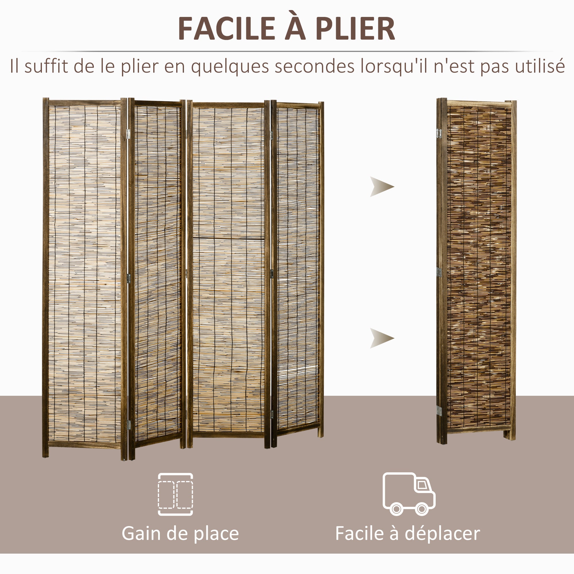 Paravent en bois 4 panneaux 160 x 170 cm séparateur de pièce closion de séparation pliable - naturel