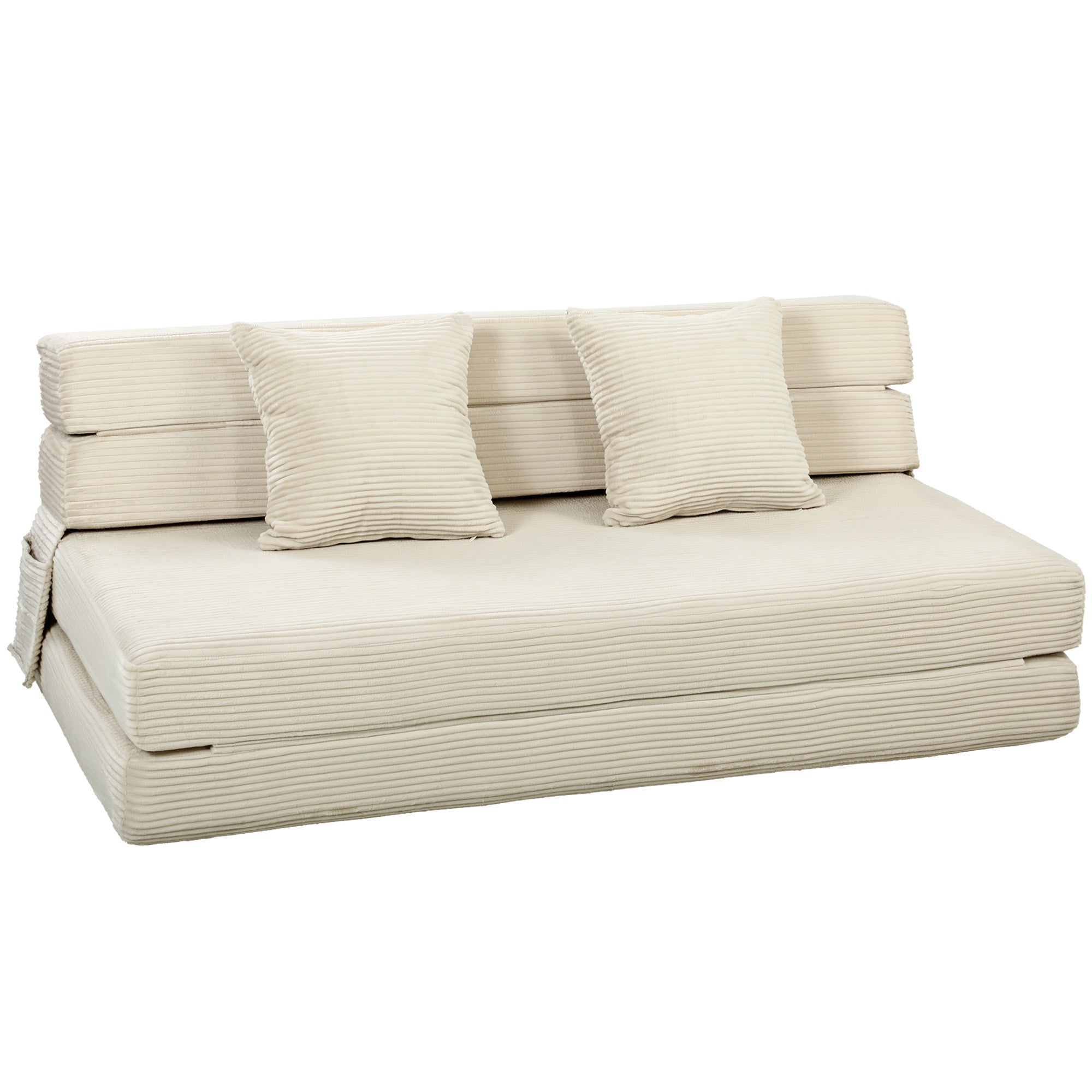 Canapé-Lit Pliant 2 en 1, Chauffeuse 2 Places Convertible Velours Côtelé, Matelas Pliable, Coussin Épais Dossier Oreillers Poches Latérales, Entièrement Compressé Aucun Assemblage Requis, Crème