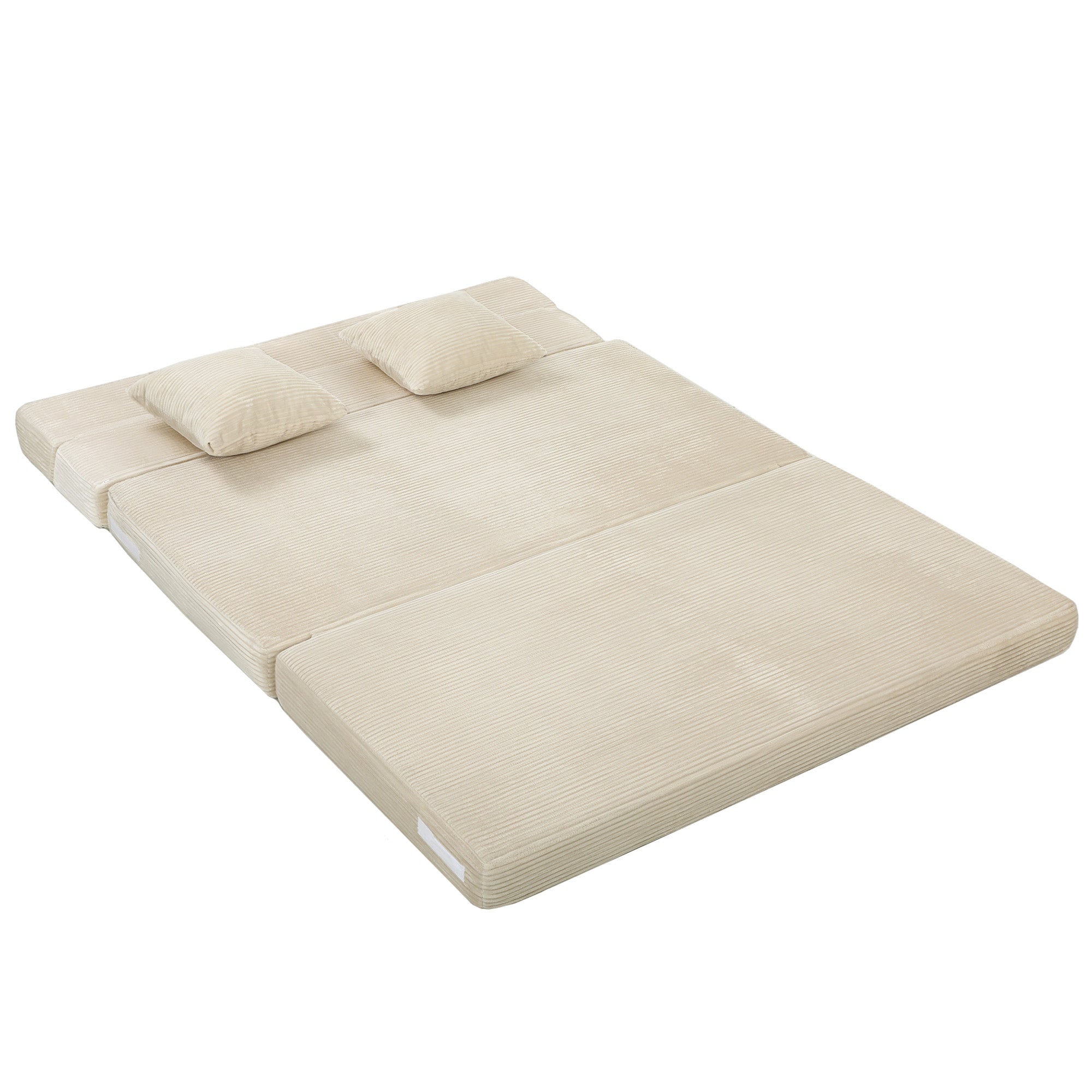Canapé-Lit Pliant 2 en 1, Chauffeuse 2 Places Convertible Velours Côtelé, Matelas Pliable, Coussin Épais Dossier Oreillers Poches Latérales, Entièrement Compressé Aucun Assemblage Requis, Crème