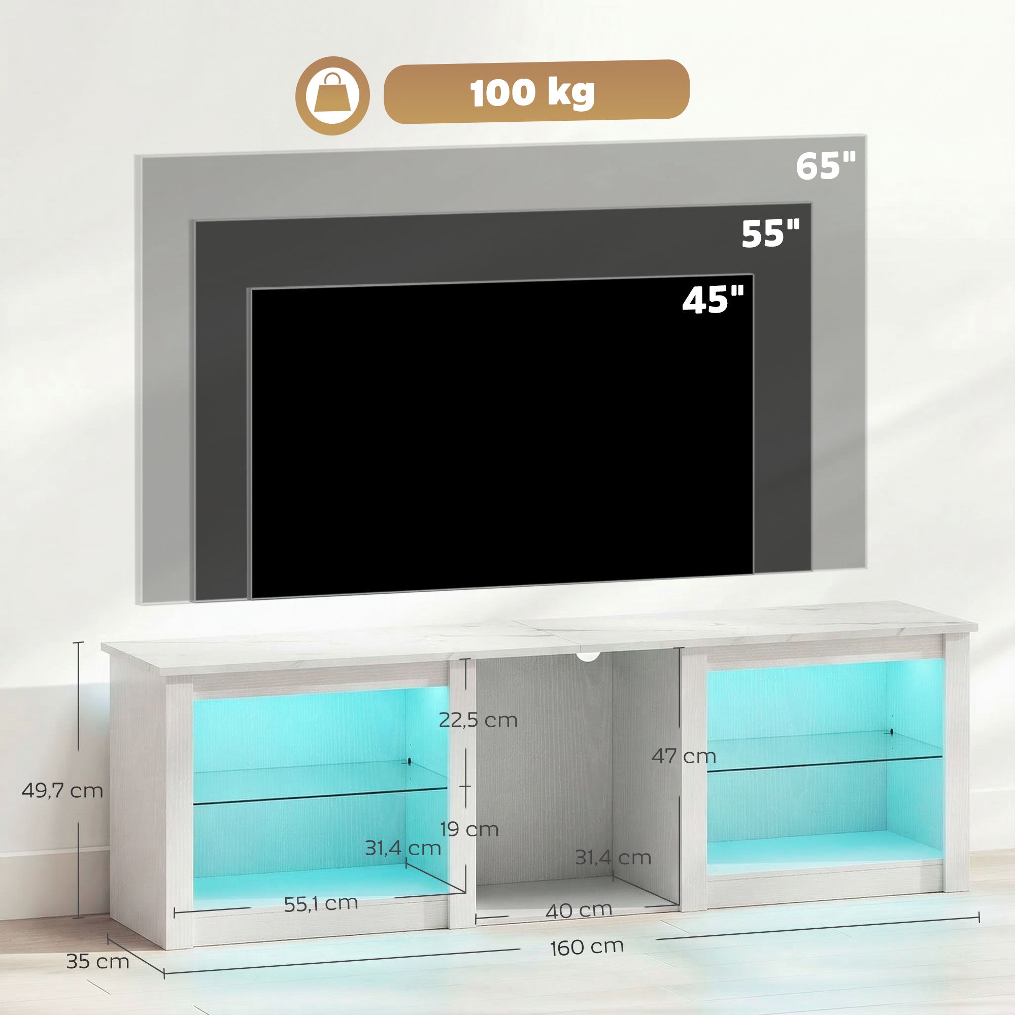 Meuble TV LED RGB meuble télé bois banc TV jusqu'à 70 pouces avec étagères en verre réglables, 5 niches, passe-câbles et télécommande pour salon, chambre à coucher, dim. 160 x 35 x 52 cm, blanc