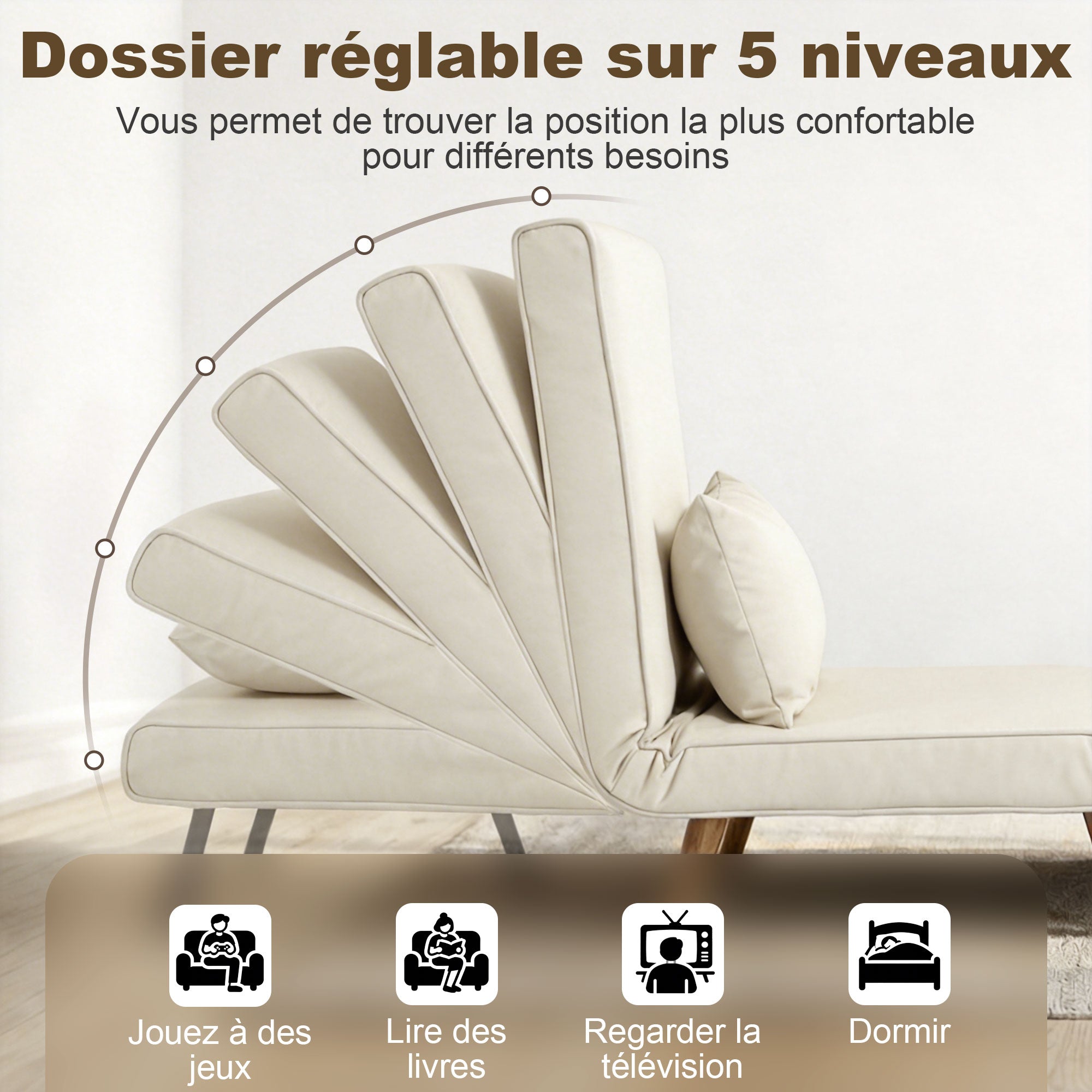 3 en 1 fauteuil convertible 1 place, fauteuil lit et chauffeuse - dossier inclinable 5 niveaux et oreiller inclus, siège rembourré - pour bureau, salon, chambre à coucher, crème