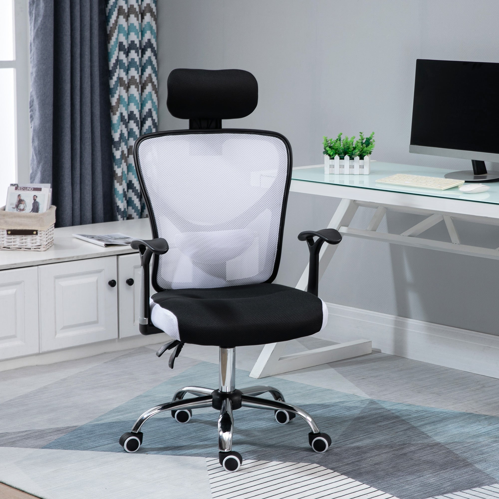Chaise de bureau, fauteuil de bureau ergonomique en maille avec hauteur et appui-tête réglable, dossier inclinable et support lombaire, pour chambre, télétravail, charge 120 Kg, noir et blanc