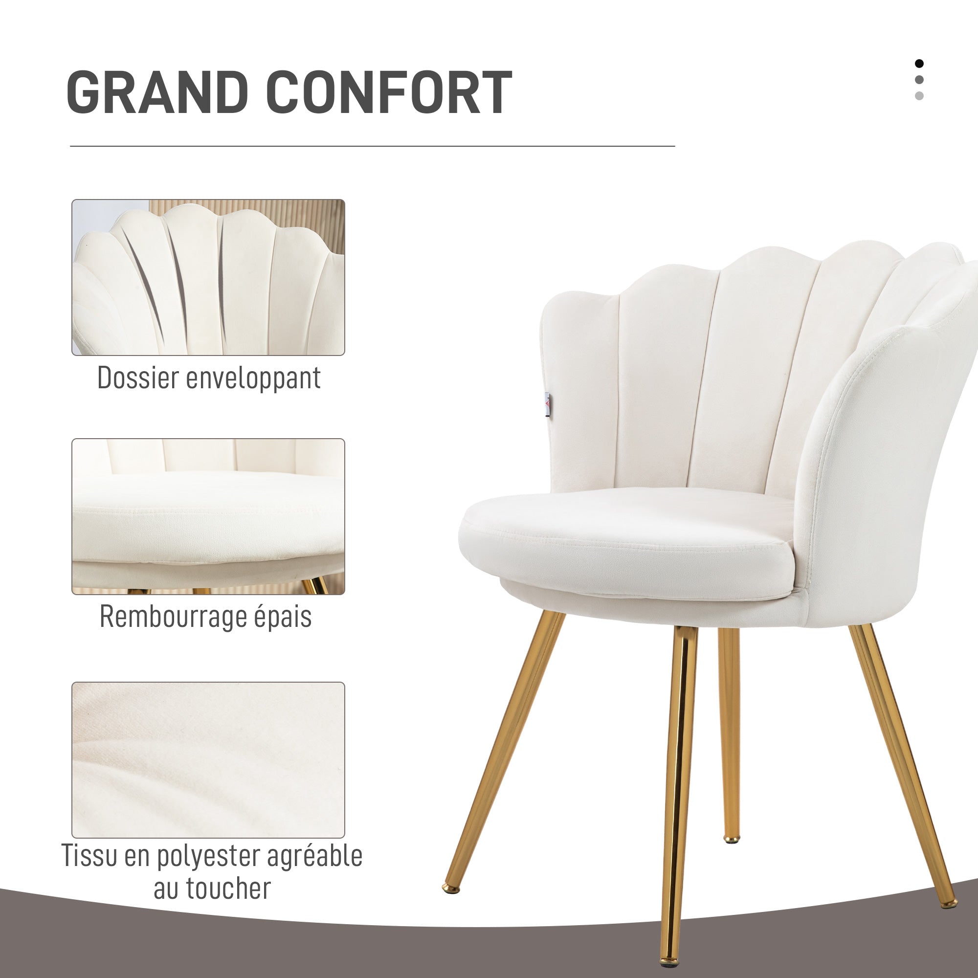 Fauteuil coquillage chaise coiffeuse fauteuil en velours fauteuil de salon avec pieds en métal doré pour salon chambre et salle à manger 67l x 64P x 77H cm crème