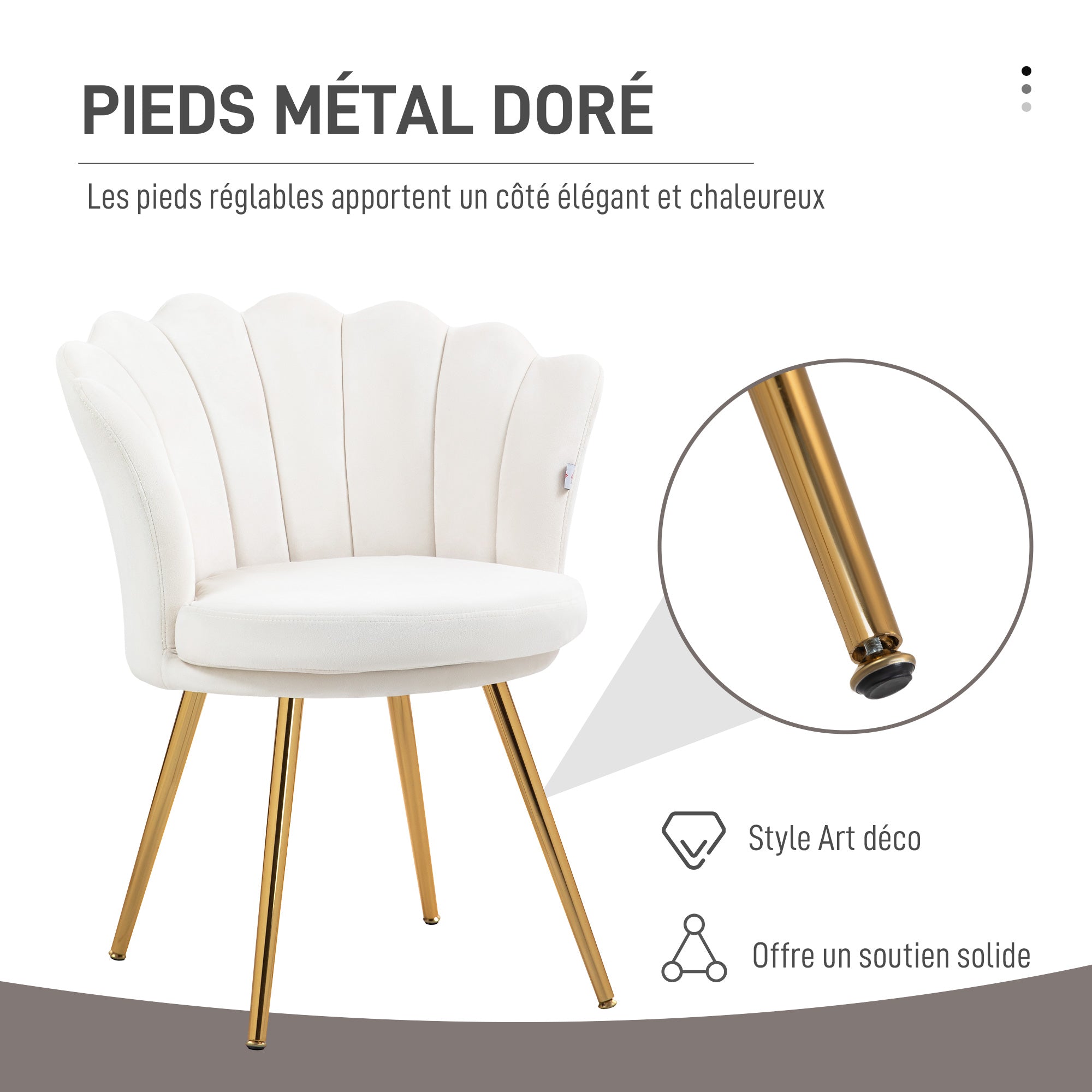 Fauteuil coquillage chaise coiffeuse fauteuil en velours fauteuil de salon avec pieds en métal doré pour salon chambre et salle à manger 67l x 64P x 77H cm crème