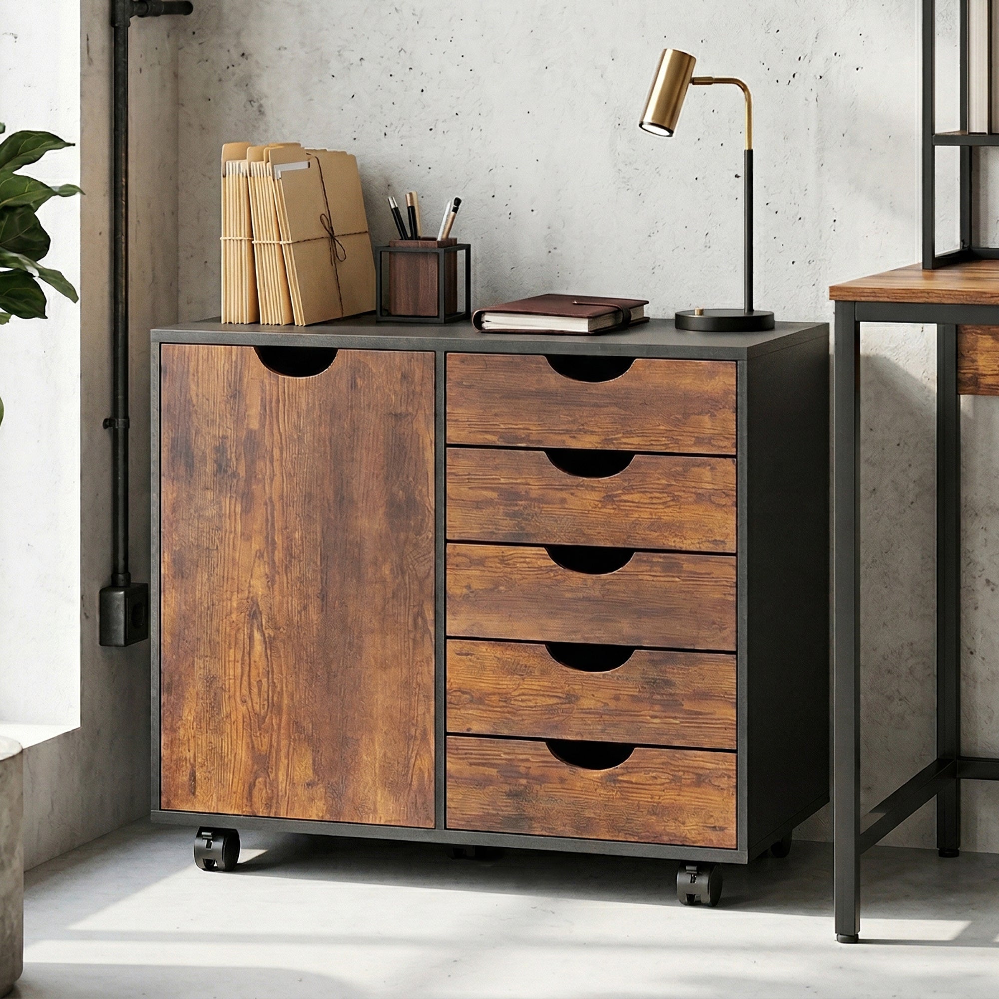 Caisson de bureau mobile avec 5 tiroirs et 1 porte, étagère réglable, meuble rangement bureau, caisson de rangement sur roulettes, pour documents et papeterie, 78 x 40 x 66,5 cm, brun rustique