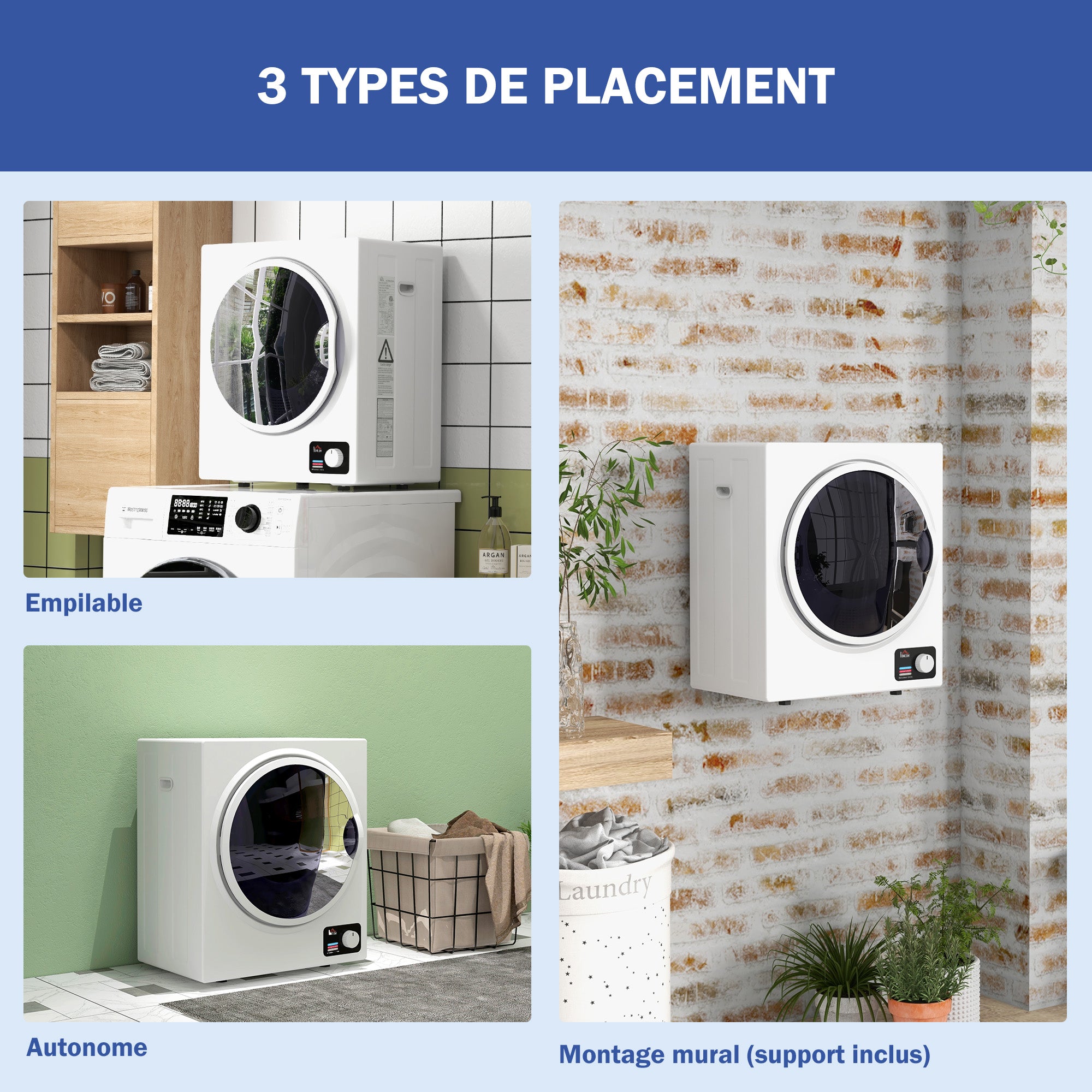 Sèche-linge à évacuation portable, sèche-linge électrique 850 W, 4 Kg, 4 modes de séchage, 2 niveaux de chauffage, cuve en acier inoxydable, installation murale, pour appartement dortoir, blanc