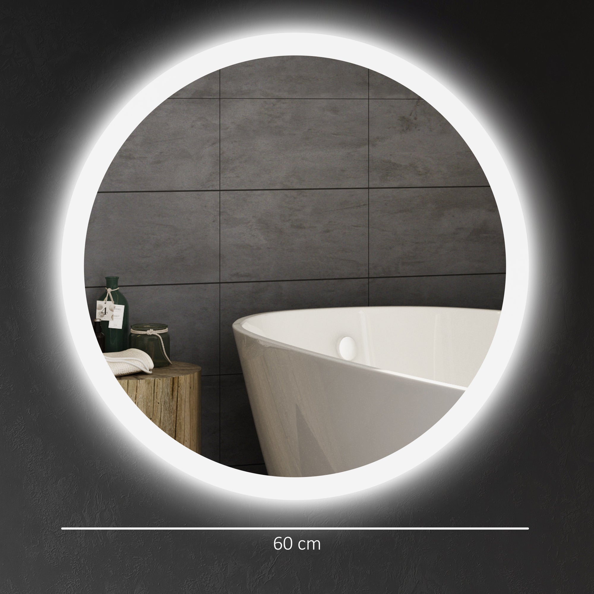 Miroir rond salle de bain avec éclairage LED Ø 60 cm, miroir mural 29W avec anti-buée, 3 couleurs réglables, dimmable, interrupteur tactile, fonction mémoire, blanc et argent