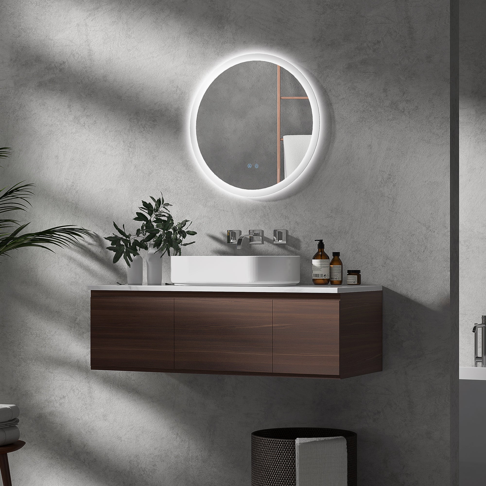 Miroir rond salle de bain avec éclairage LED Ø 60 cm, miroir mural 29W avec anti-buée, 3 couleurs réglables, dimmable, interrupteur tactile, fonction mémoire, blanc et argent