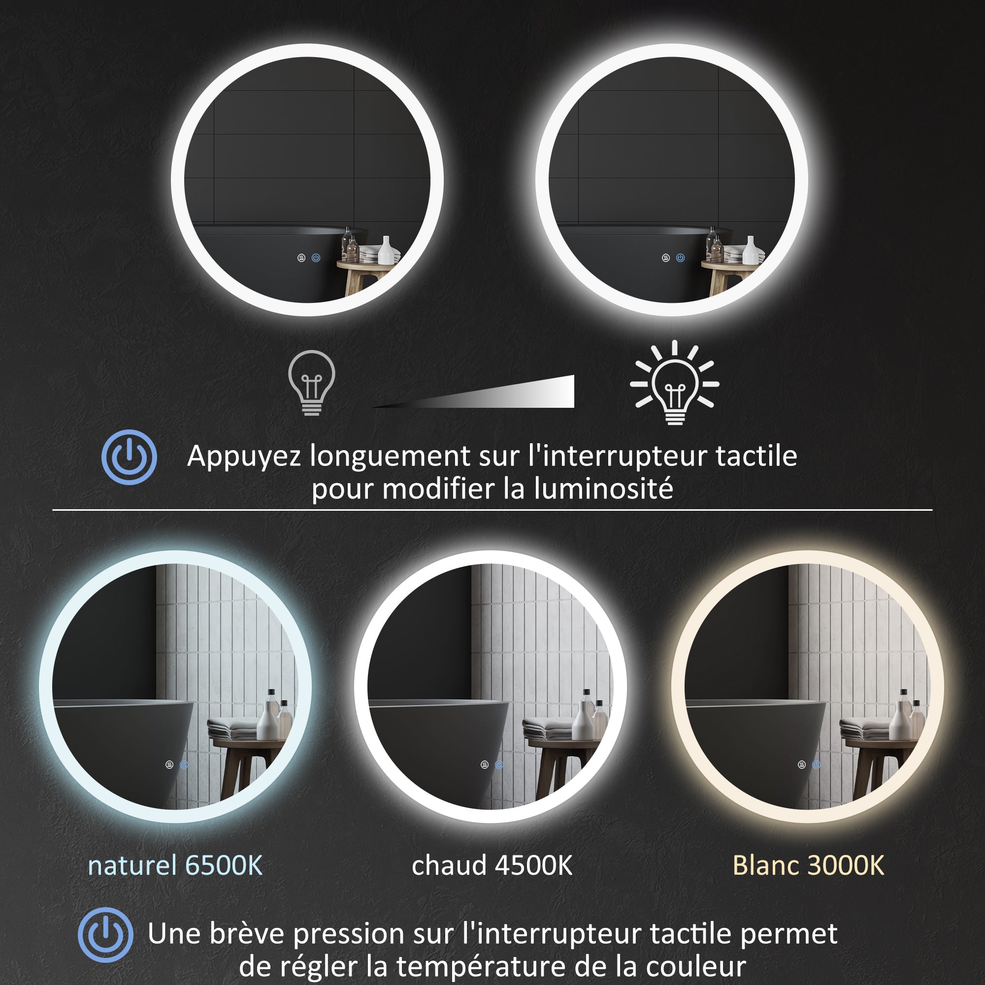 Miroir rond salle de bain avec éclairage LED Ø 60 cm, miroir mural 29W avec anti-buée, 3 couleurs réglables, dimmable, interrupteur tactile, fonction mémoire, blanc et argent