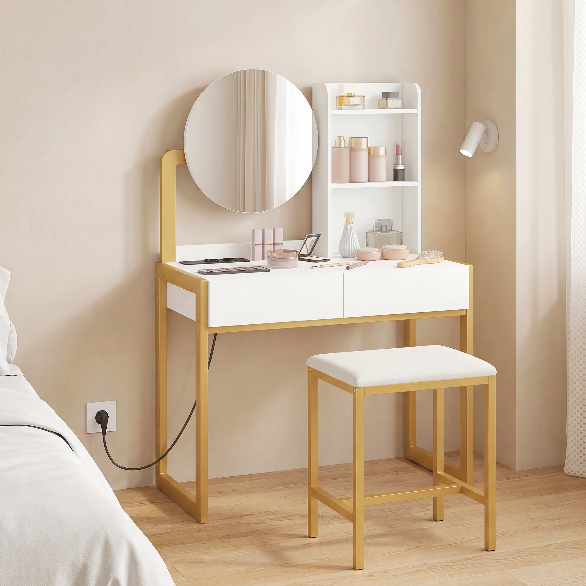 Coiffeuse avec miroir et tabouret, station de charge, table de maquillage avec 2 tiroirs, 3 étagères ouvertes, assise rembourrée, cadre en métal, pour chambre à coucher, blanc