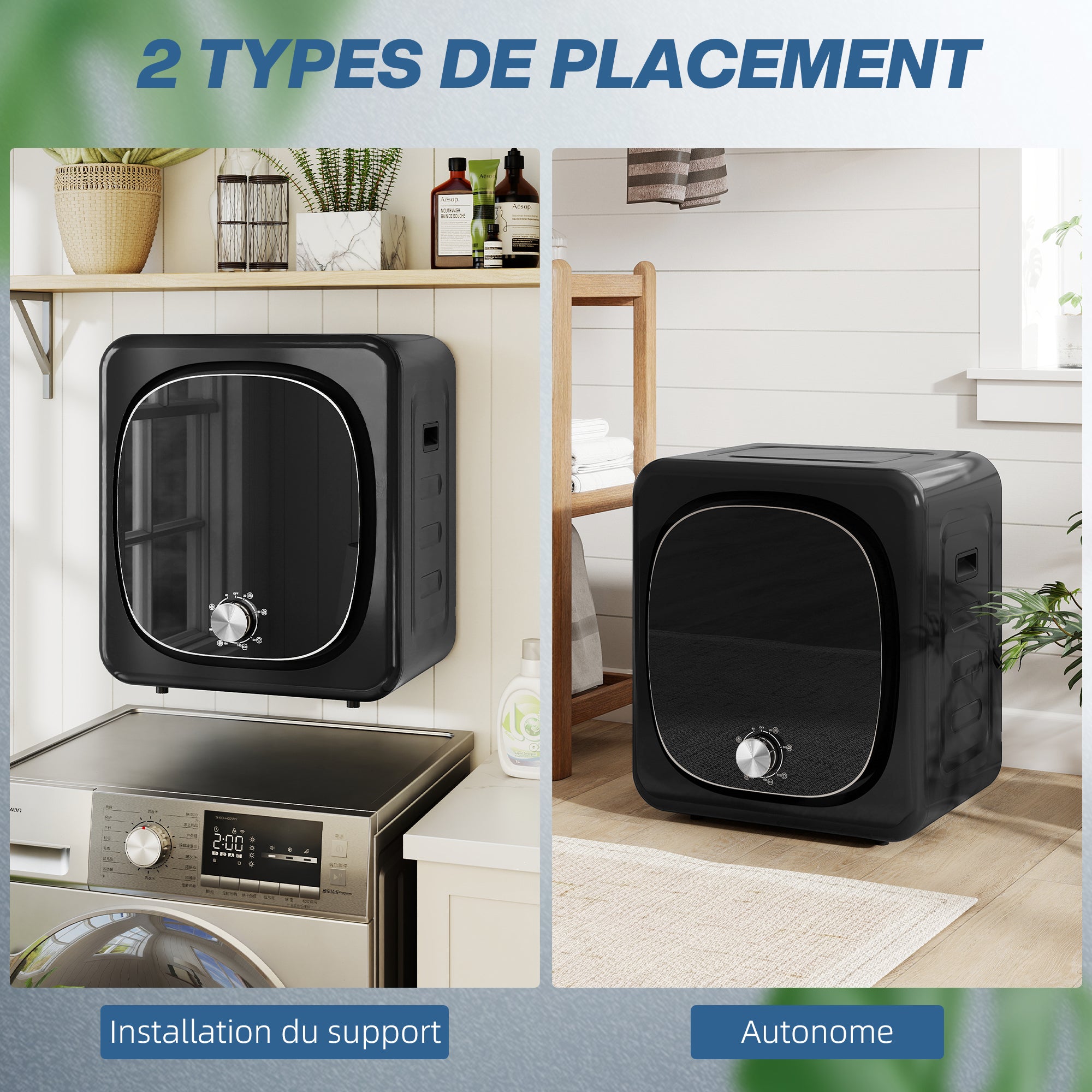 Sèche linge à évacuation compact sèche-linge électrique 800 W 4 Kg avec 5 modes de séchage, cuve en acier inoxydable, charge frontale, pour appartement, maison, camping-cars, noir