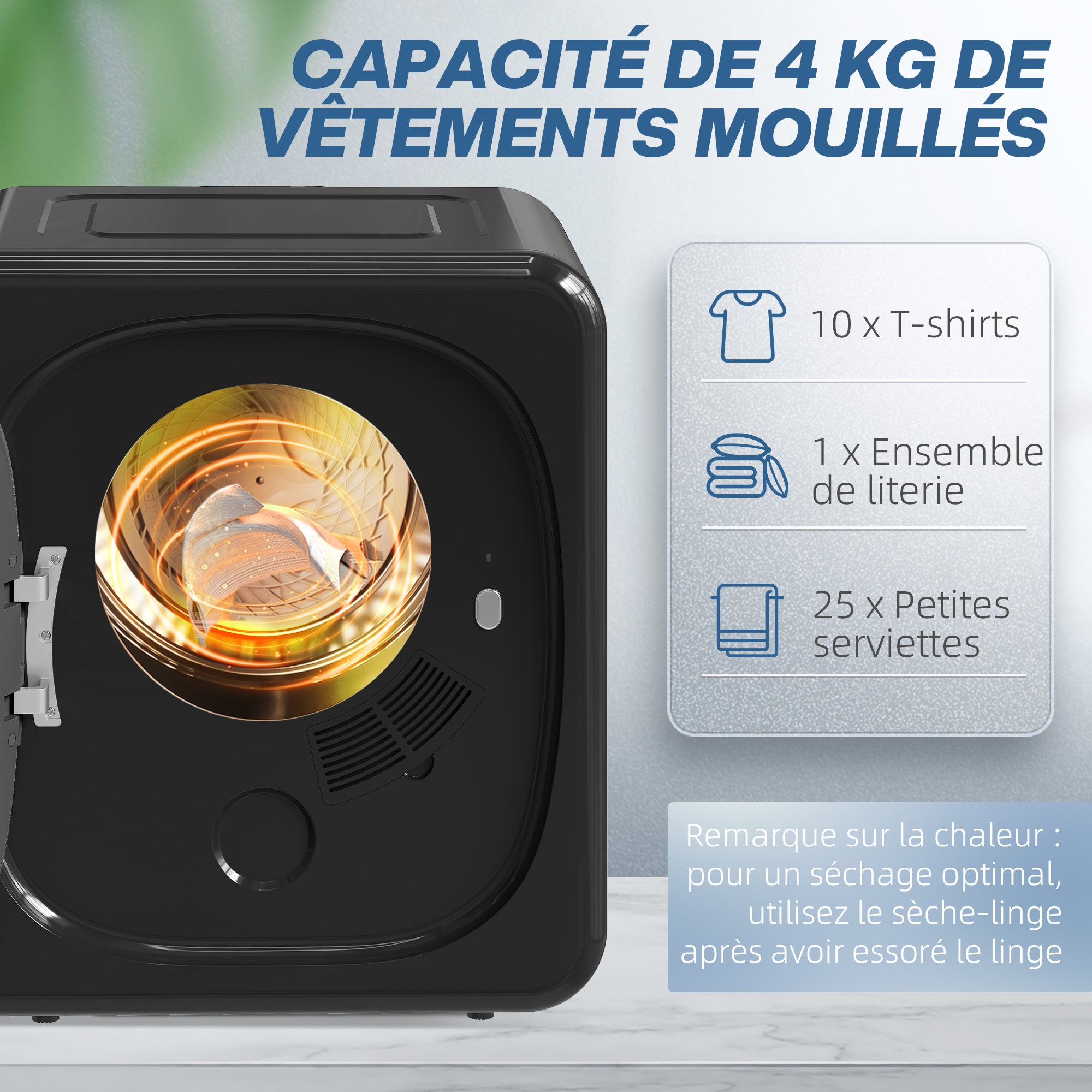 Sèche linge à évacuation compact sèche-linge électrique 800 W 4 Kg avec 5 modes de séchage, cuve en acier inoxydable, charge frontale, pour appartement, maison, camping-cars, noir