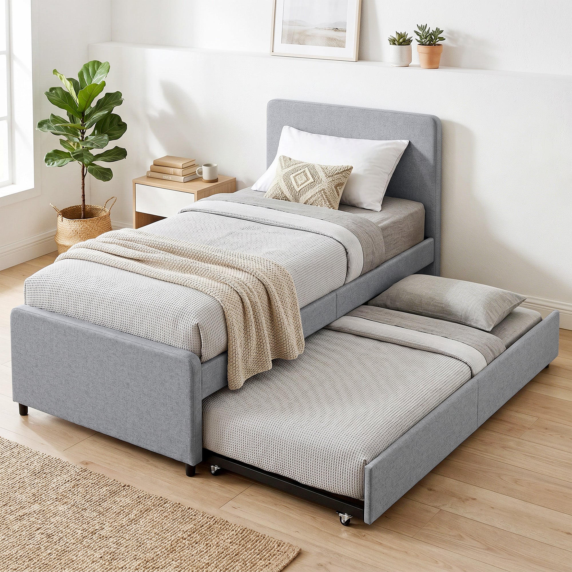 Lit gigogne 90 x 190 cm, cadre de lit simple/double avec sommier à lattes en métal, tête et pied rembourrés en tissu aspect lin, charge 400 Kg, montage facile, gris clair (sans matelas)