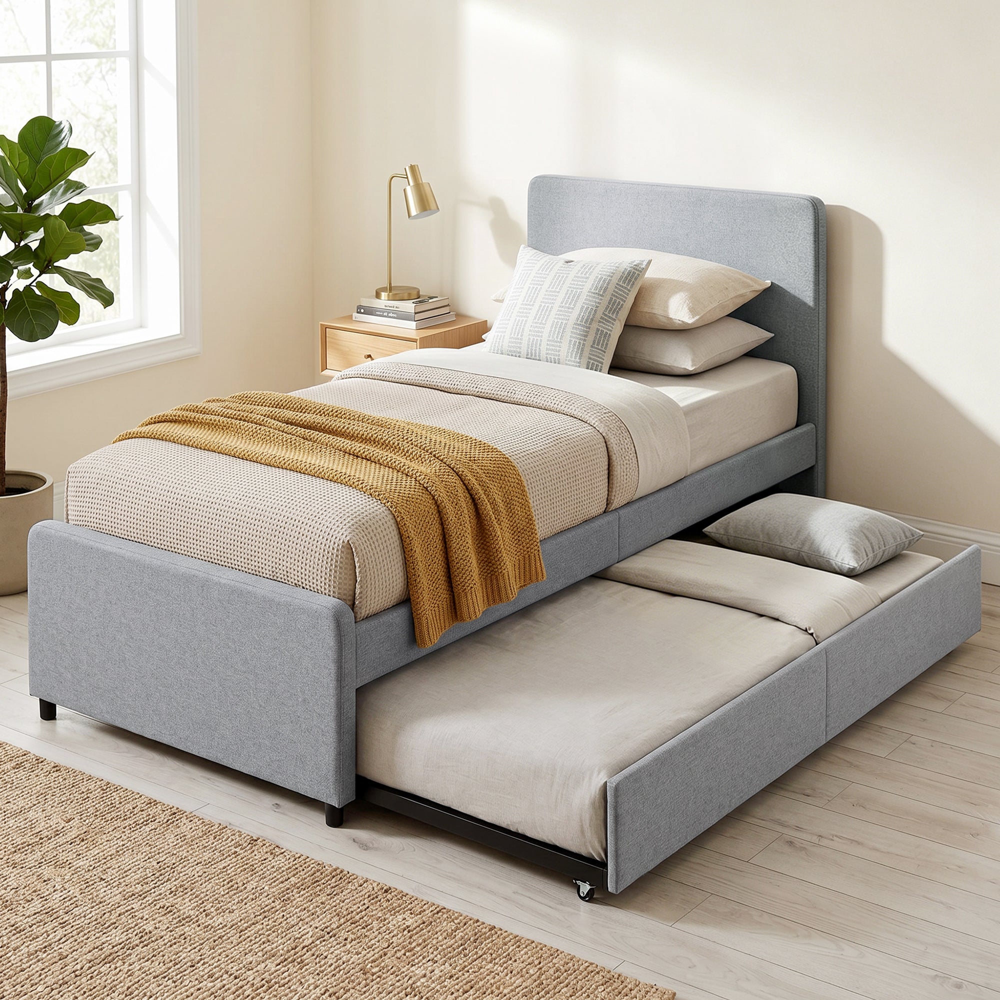 Lit gigogne 90 x 190 cm, cadre de lit simple/double avec sommier à lattes en métal, tête et pied rembourrés en tissu aspect lin, charge 400 Kg, montage facile, gris clair (sans matelas)