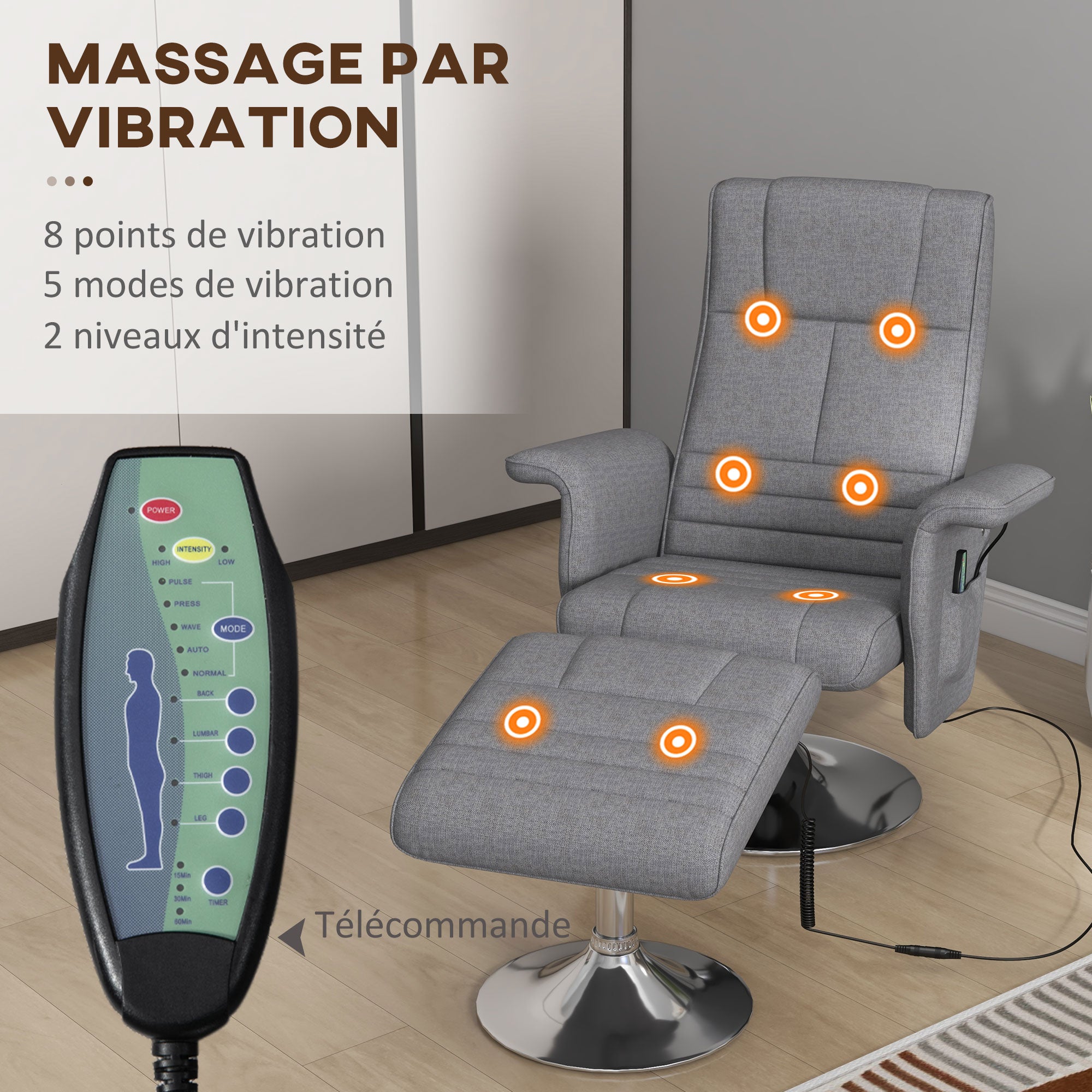 Fauteuil relax massant par vibrations avec pouf, fauteuil TV avec fonction chaise longue, siège pivotant à 360° assise rembourrée confortable, pour salon, chambre, tissu effet lin, gris foncé