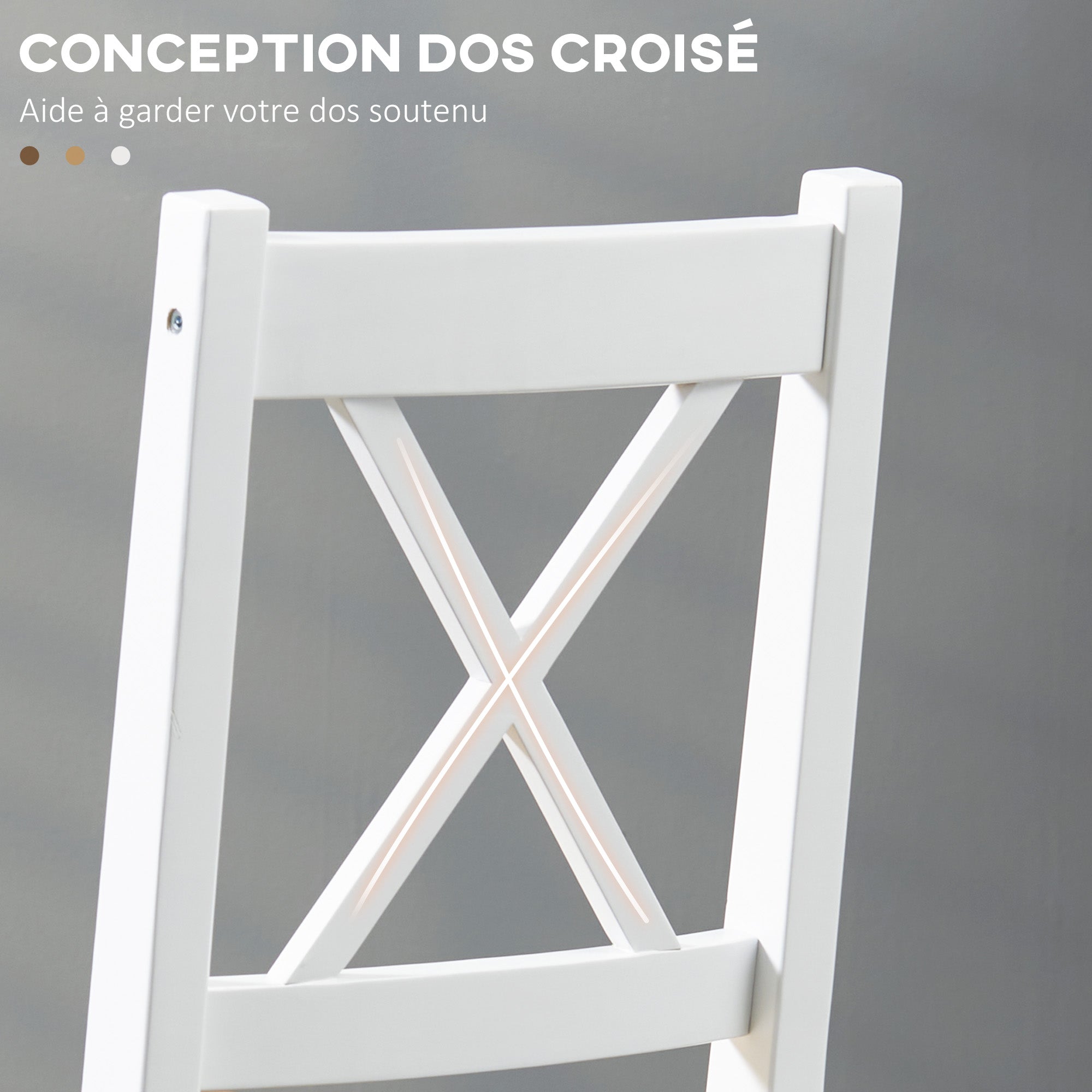 Lot de 4 chaises de salle à manger, chaises de cuisine, style maison de campagne, dossier haut, cadre en bois de pin, pour salon, chambre, cuisine, bois naturel et blanc