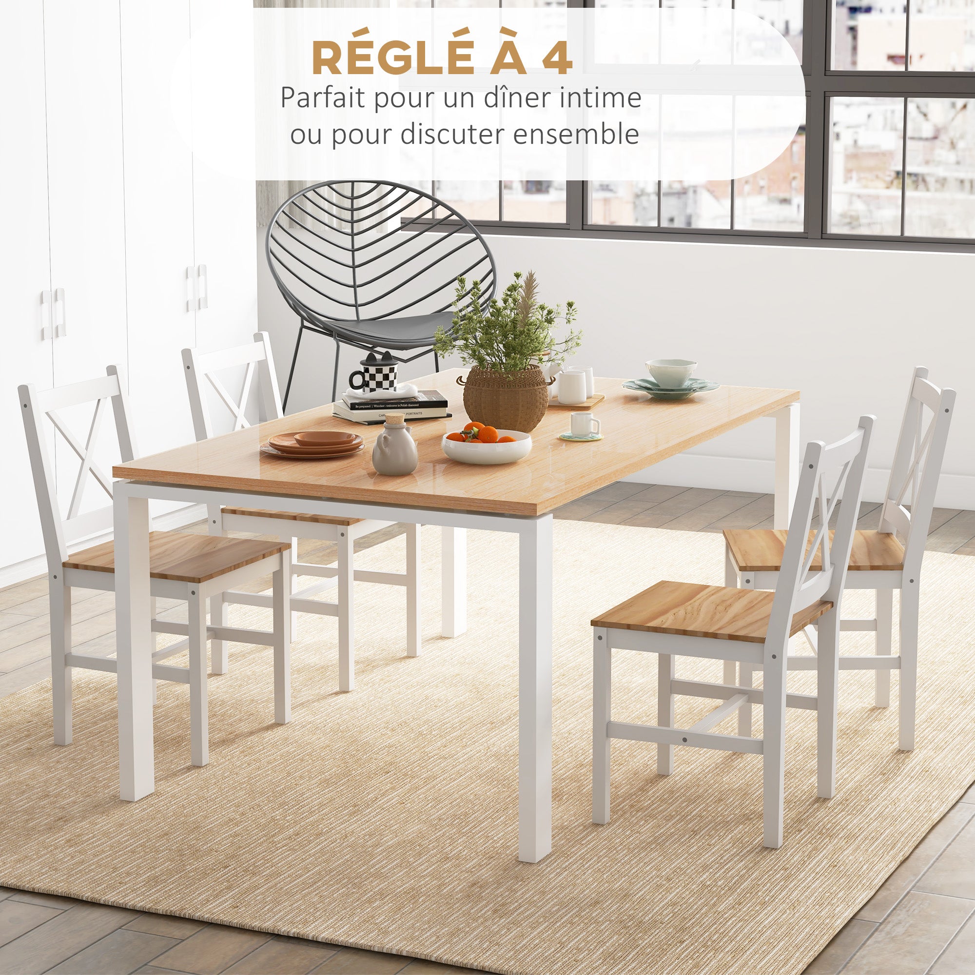 Lot de 4 chaises de salle à manger, chaises de cuisine, style maison de campagne, dossier haut, cadre en bois de pin, pour salon, chambre, cuisine, bois naturel et blanc