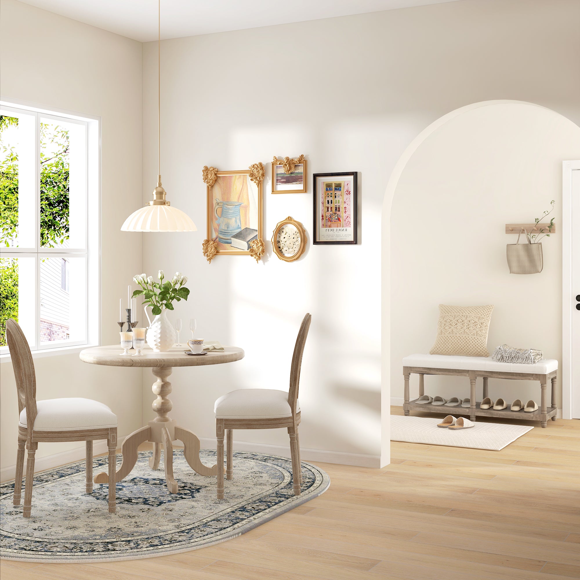 Lot de 2 chaises de Salle à Manger - Chaise de Salon médaillon Style Louis XVI - Bois Massif sculpté, patiné - Dossier cannage - Aspect Lin Crème