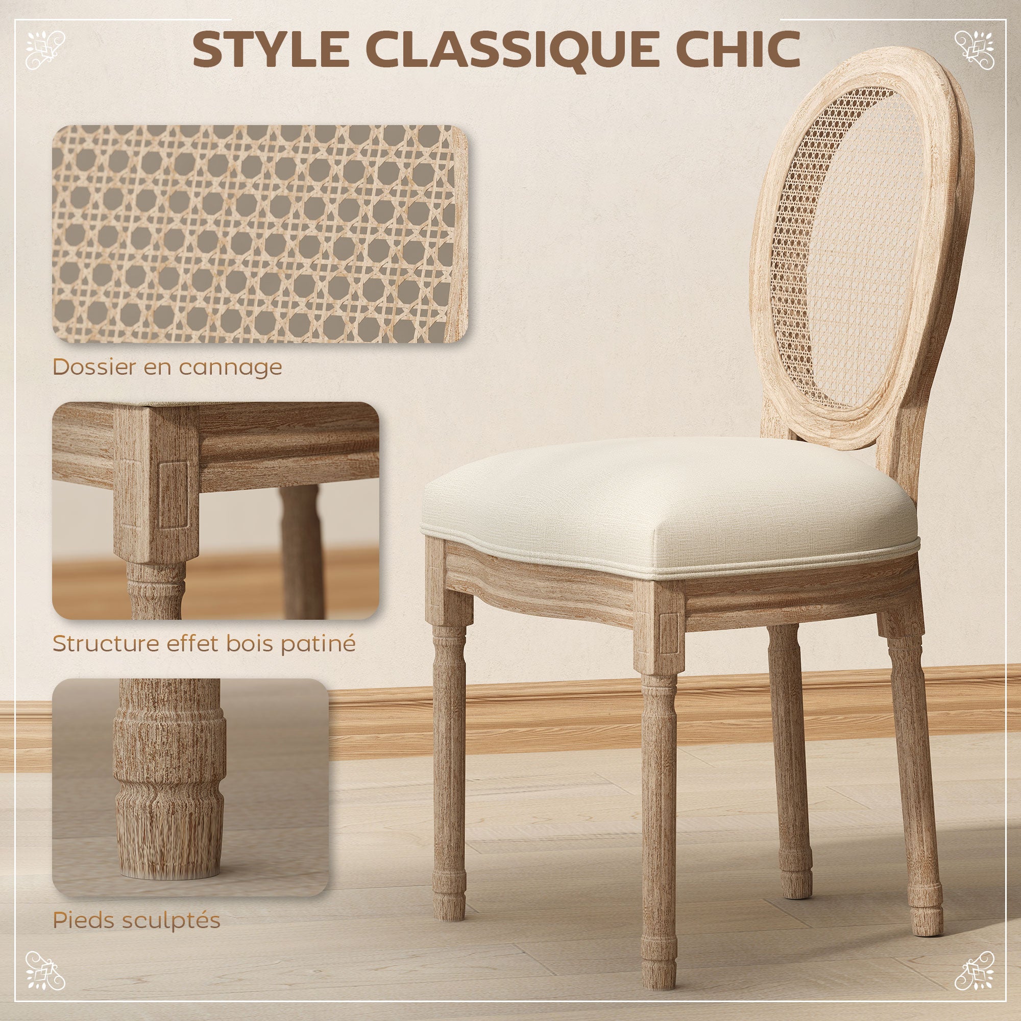 Lot de 2 chaises de Salle à Manger - Chaise de Salon médaillon Style Louis XVI - Bois Massif sculpté, patiné - Dossier cannage - Aspect Lin Crème