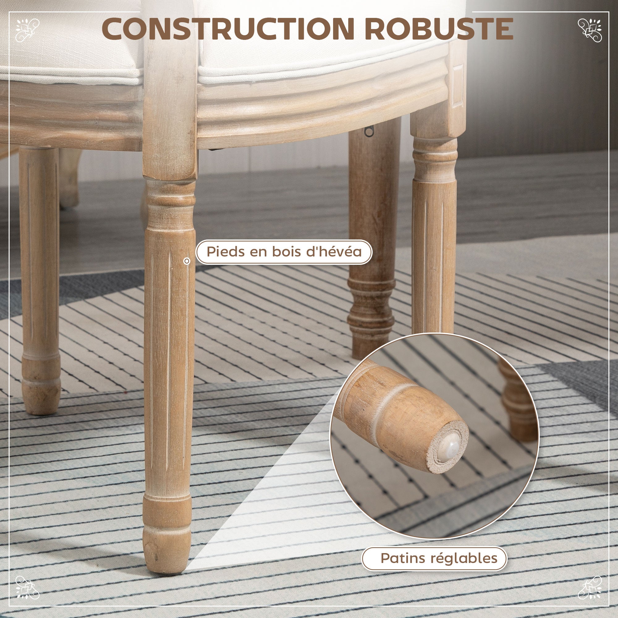 Lot de 2 chaises de Salle à Manger - Chaise de Salon médaillon Style Louis XVI - Bois Massif sculpté, patiné - Dossier cannage - Aspect Lin Crème