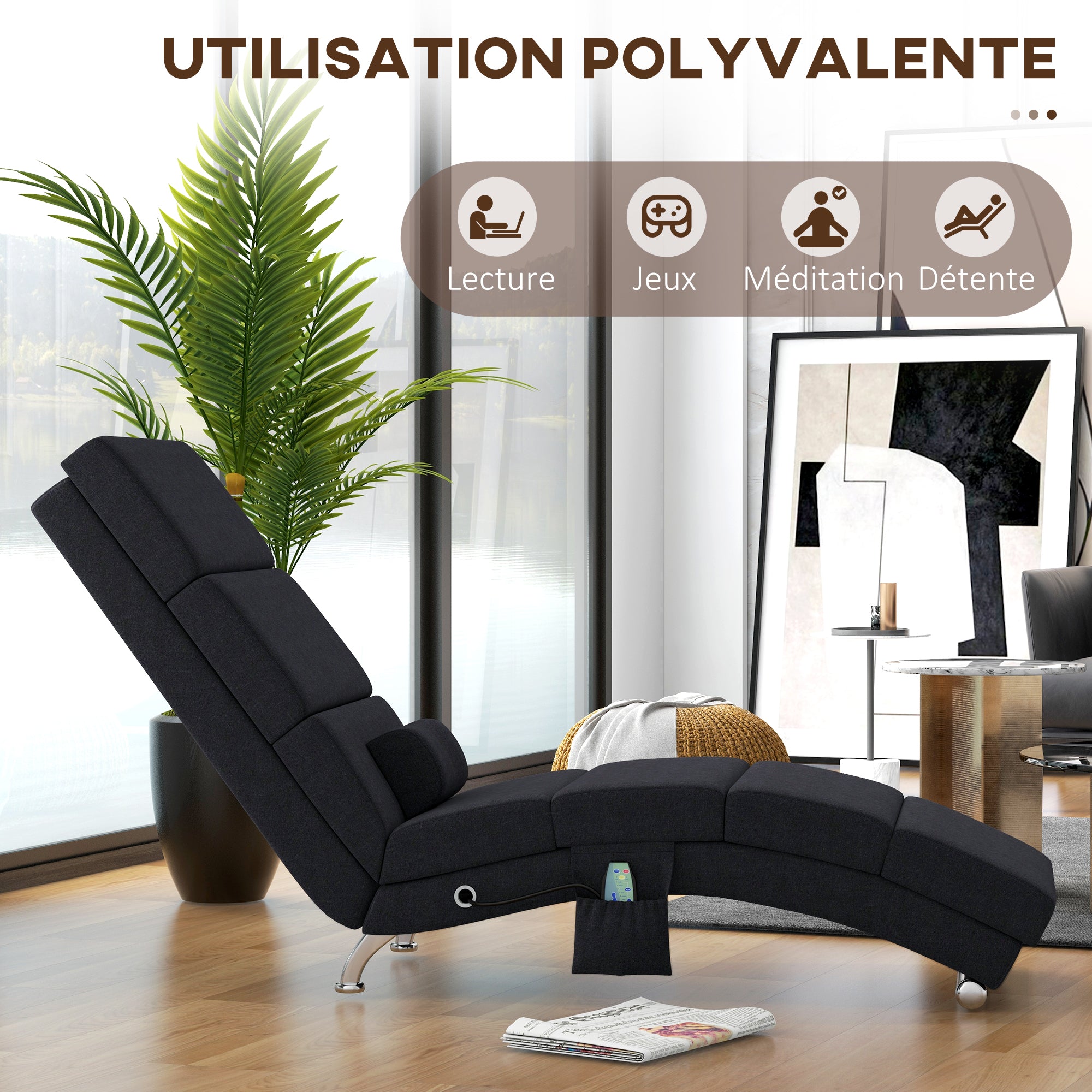 Fauteuil relax salon fauteuil de massage et chauffage meridienne chaise longue d'intérieur, avec télécommande et oreiller, chambre à coucher, salon, tissu effet lin noir