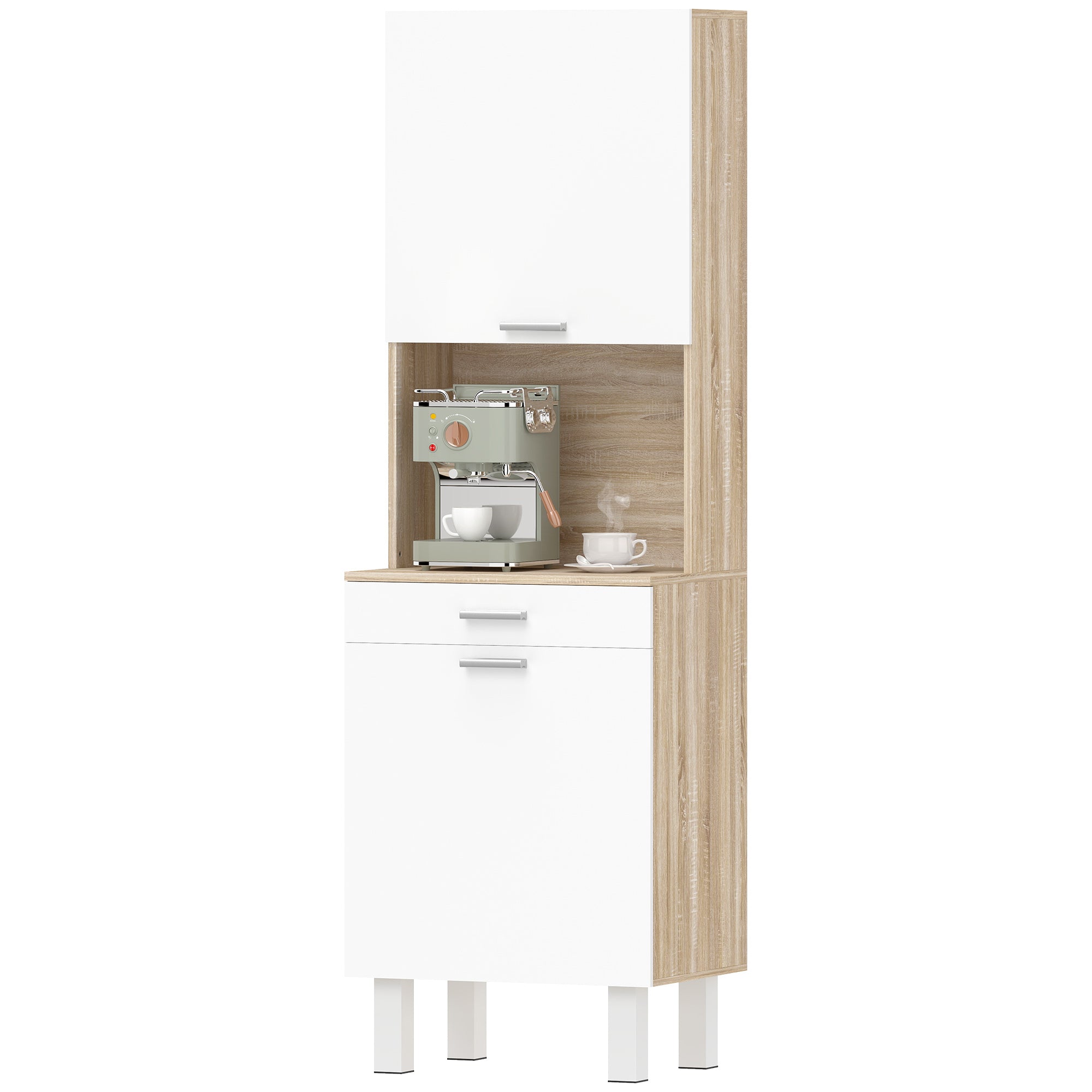 Buffet haut cuisine, armoire de cuisine, vaisselier avec 2 portes, tiroir et plan de travail, style moderne, meuble de rangement pour salon, salle à manger, 55x40x174 cm, blanc et bois naturel