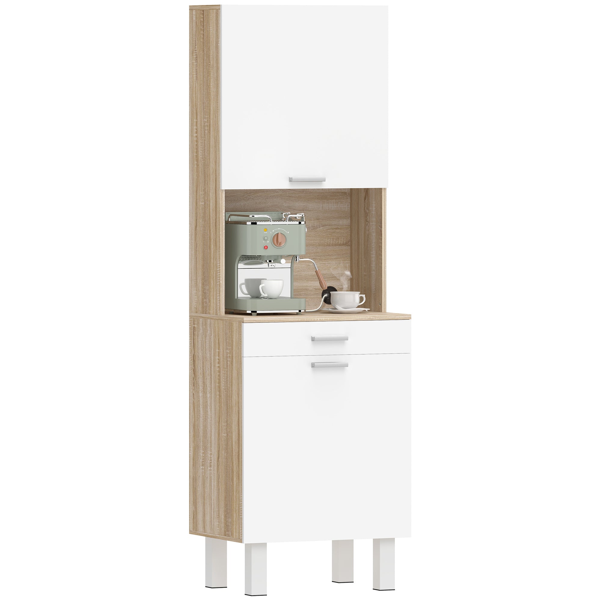Buffet haut cuisine, armoire de cuisine, vaisselier avec 2 portes, tiroir et plan de travail, style moderne, meuble de rangement pour salon, salle à manger, 55x40x174 cm, blanc et bois naturel