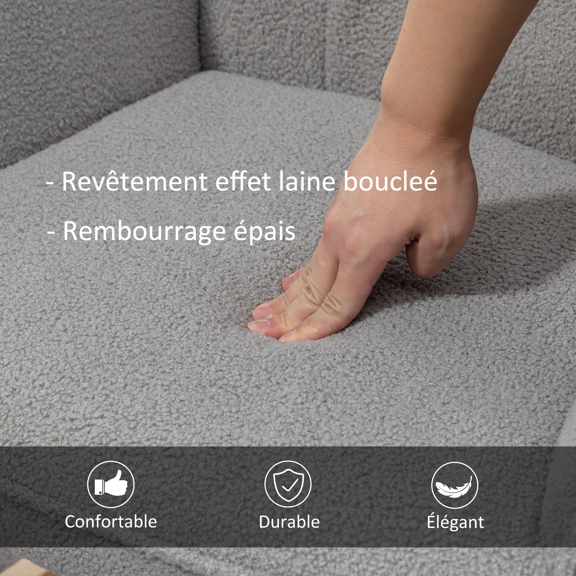 Fauteuil à bascule, rocking chair, revêtement bouclette, fauteuil allaitement, chaise à bascule, structure en acier, pieds en bois massif, gris clair