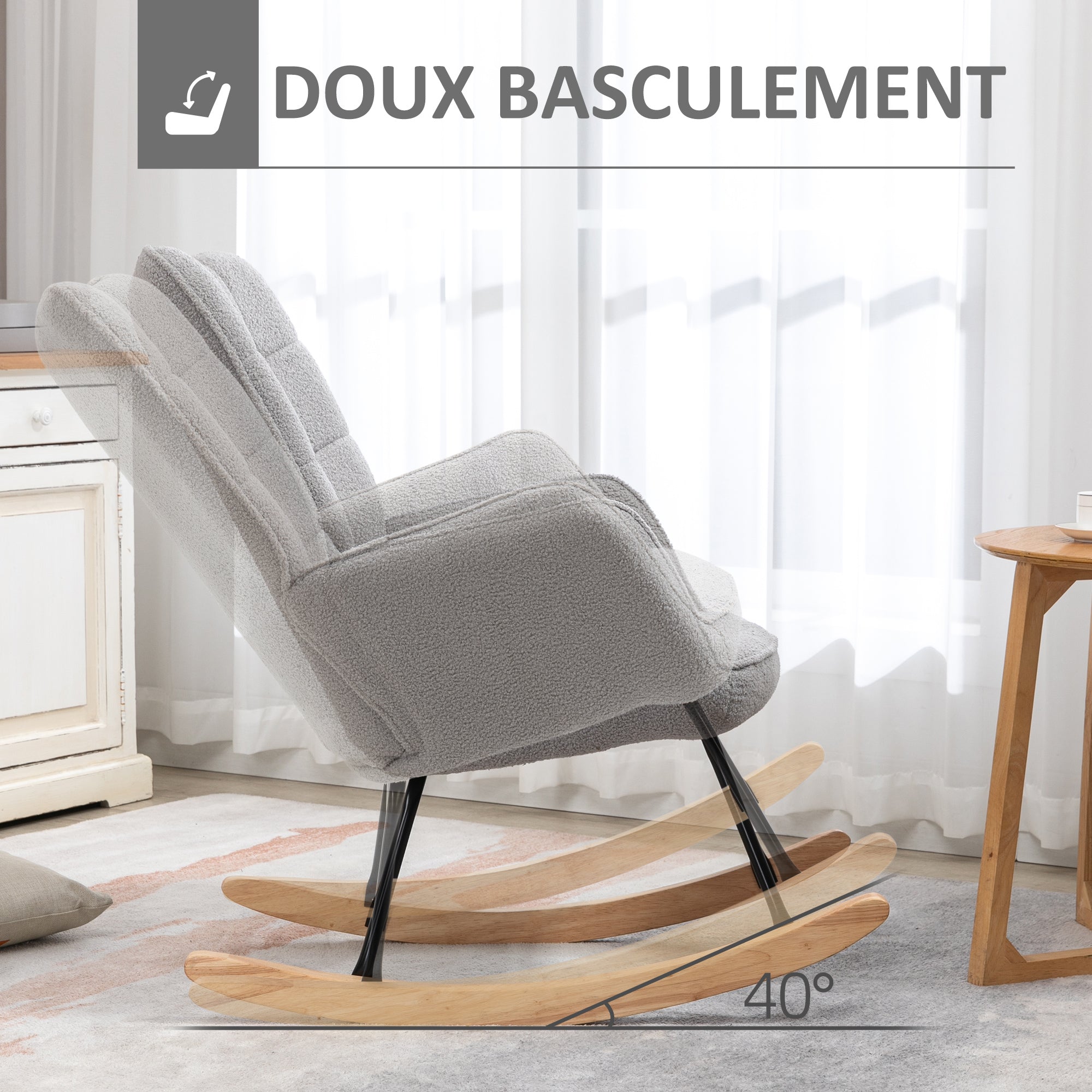 Fauteuil à bascule, rocking chair, revêtement bouclette, fauteuil allaitement, chaise à bascule, structure en acier, pieds en bois massif, gris clair