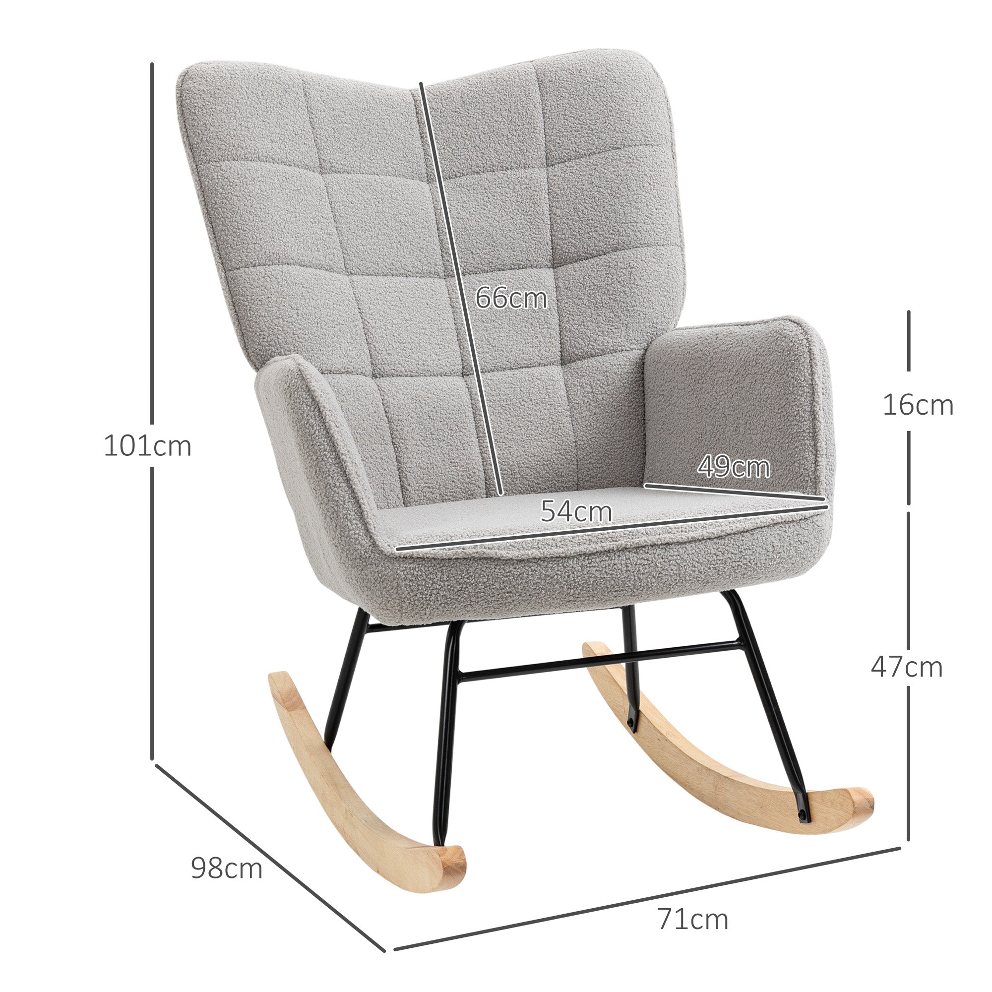 Fauteuil à bascule, rocking chair, revêtement bouclette, fauteuil allaitement, chaise à bascule, structure en acier, pieds en bois massif, gris clair