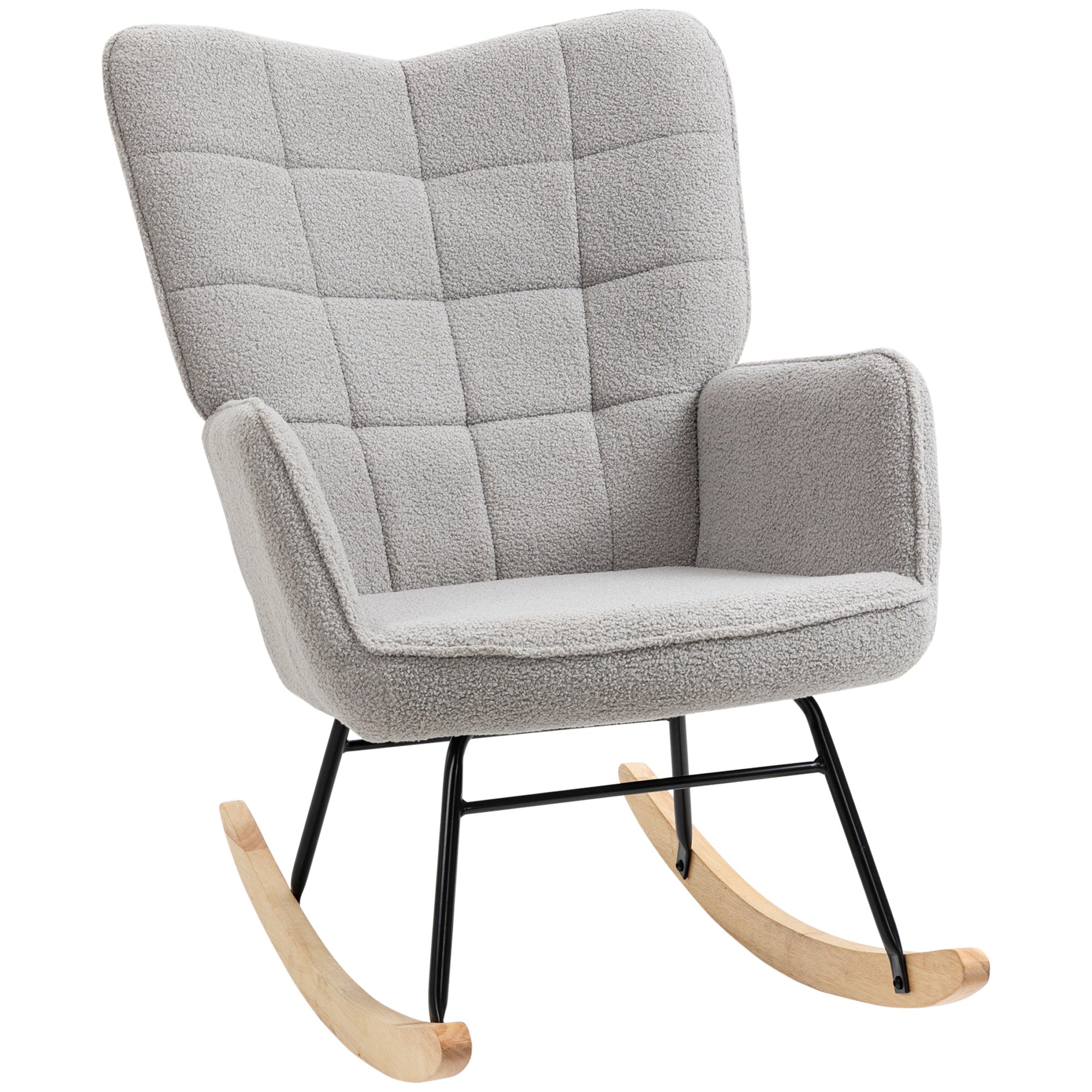 Fauteuil à bascule, rocking chair, revêtement bouclette, fauteuil allaitement, chaise à bascule, structure en acier, pieds en bois massif, gris clair